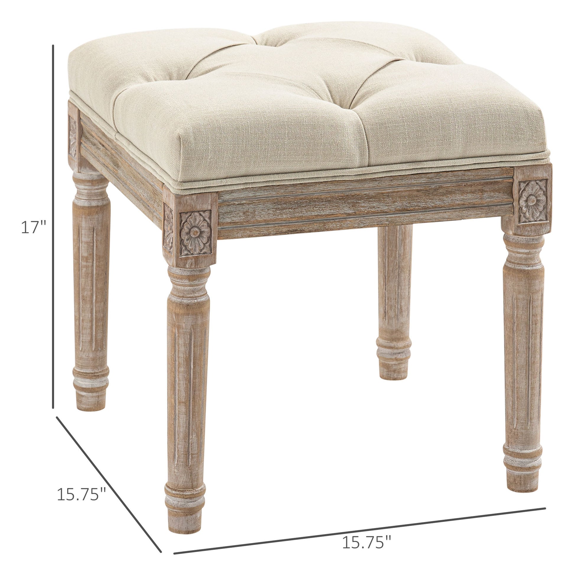 Homcom 16" Vintage Ottoman, Tufted Foot Stool With Upholstered Seat, Rustic Wood Legs For Bedroom, Living Room, Beige Beige Polyester