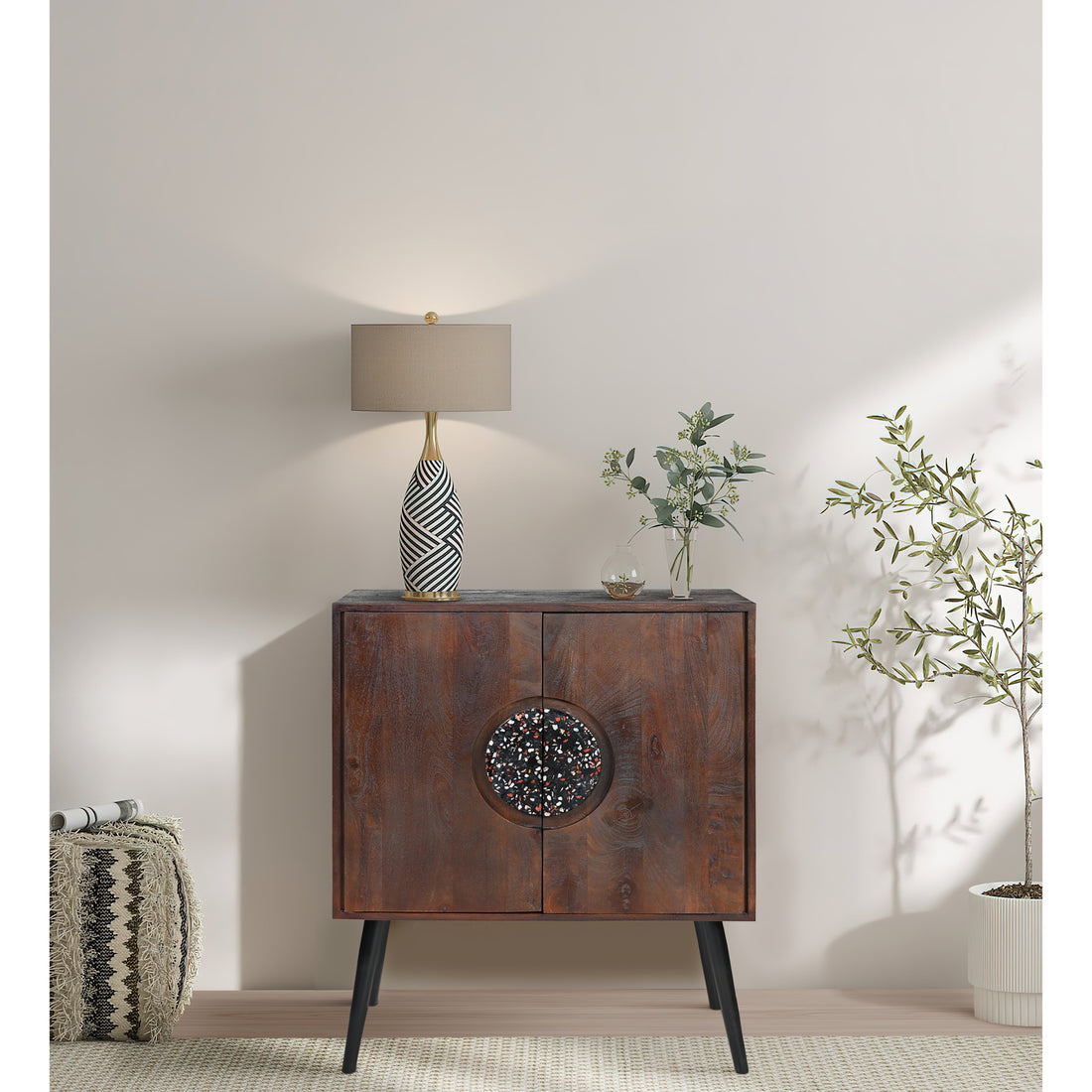 37 Inch 2 Door Mango Wood Sideboard Cabinet, Terrazzo Stone, Sandblasted Red Oak Finish, Black Legs Red Black Buffalo Check Metal & Wood