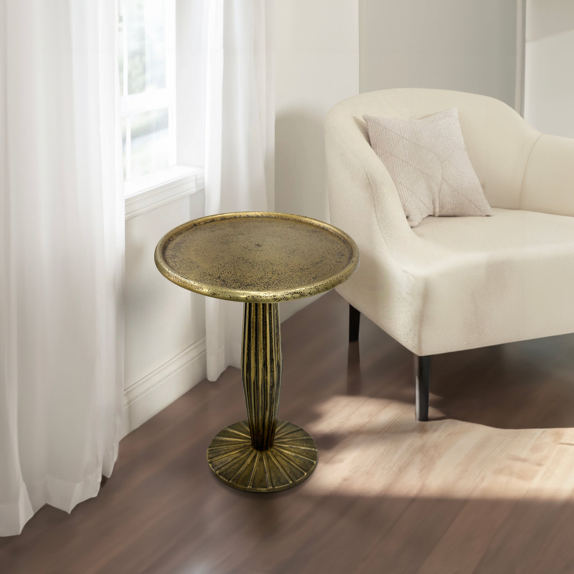 12 Inch Side End Drink Table, Fancy Fluted Base, Round Top, Antique Brass Antique Brass Aluminum