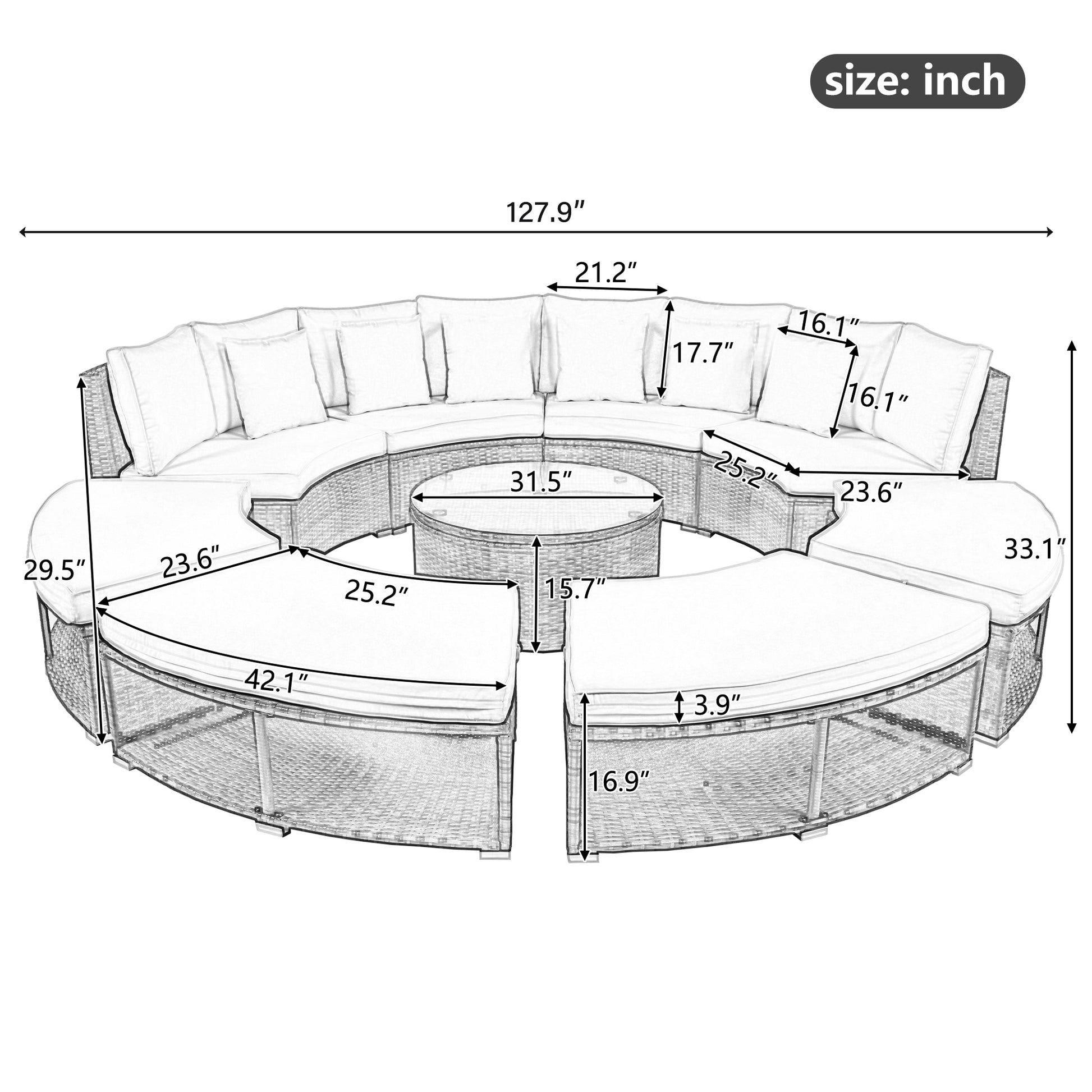 Outdoor Patio Furniture Luxury Circular Outdoor Sofa Set Rattan Wicker Sectional Sofa Lounge Set With Tempered Glass Coffee Table, 6 Pillows, Grey Yes Grey Water Resistant Frame Water Resistant Cushion Garden & Outdoor Sectional Seating Groups Foam
