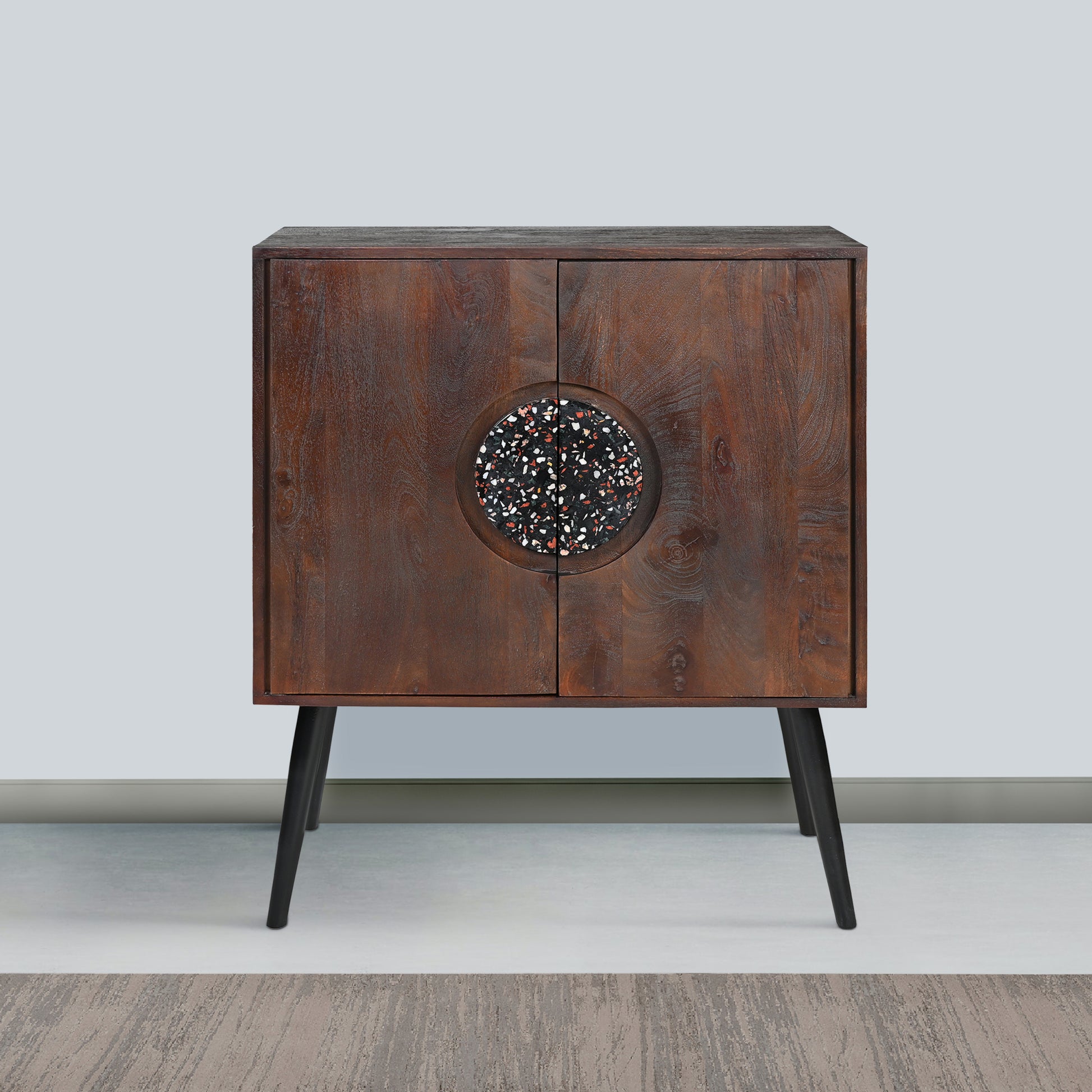 37 Inch 2 Door Mango Wood Sideboard Cabinet, Terrazzo Stone, Sandblasted Red Oak Finish, Black Legs Red Black Buffalo Check Metal & Wood