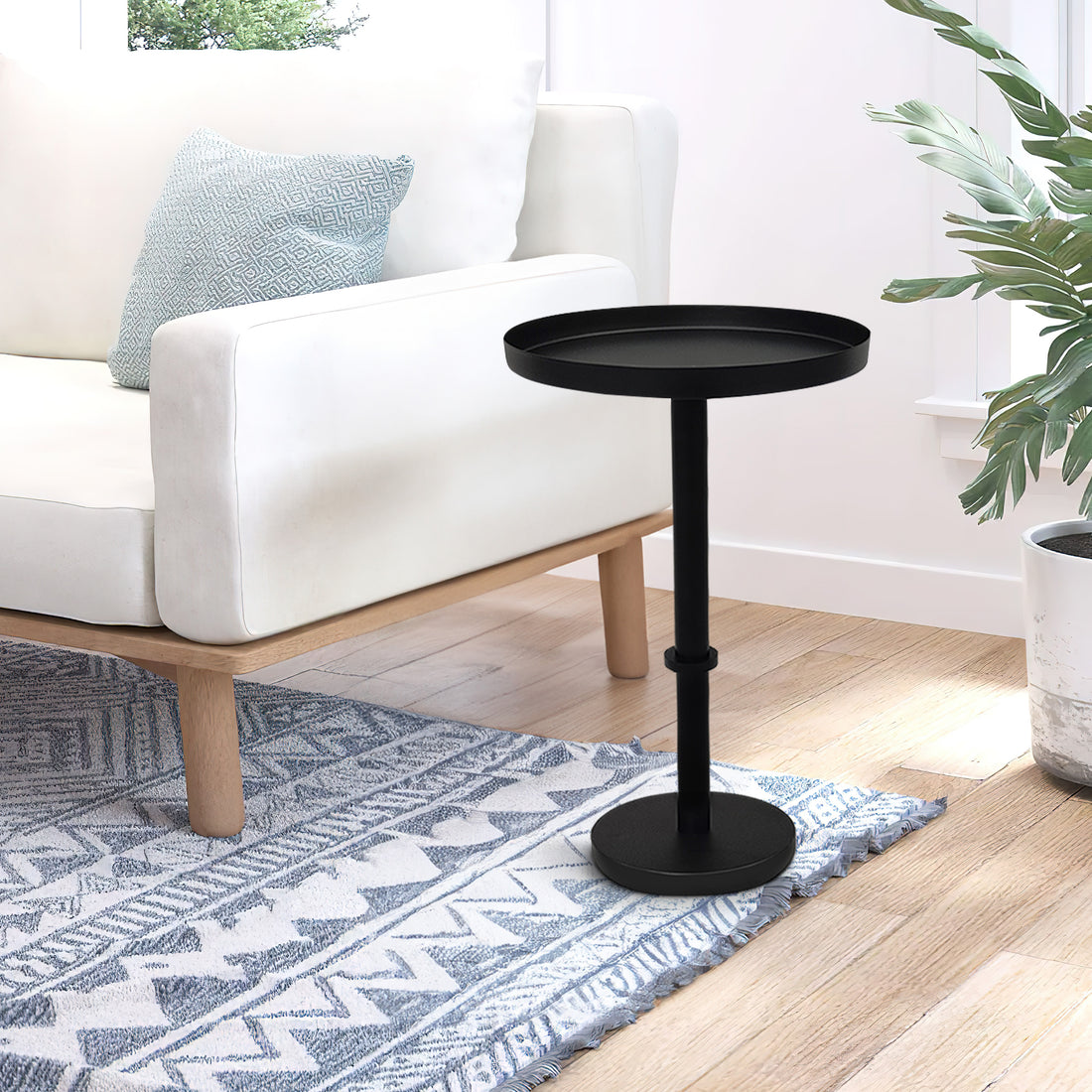 Ara 12 Inch Side End Table, Vintage Sleek Pillar Base, Round Tray Top, Matte Black Black Iron