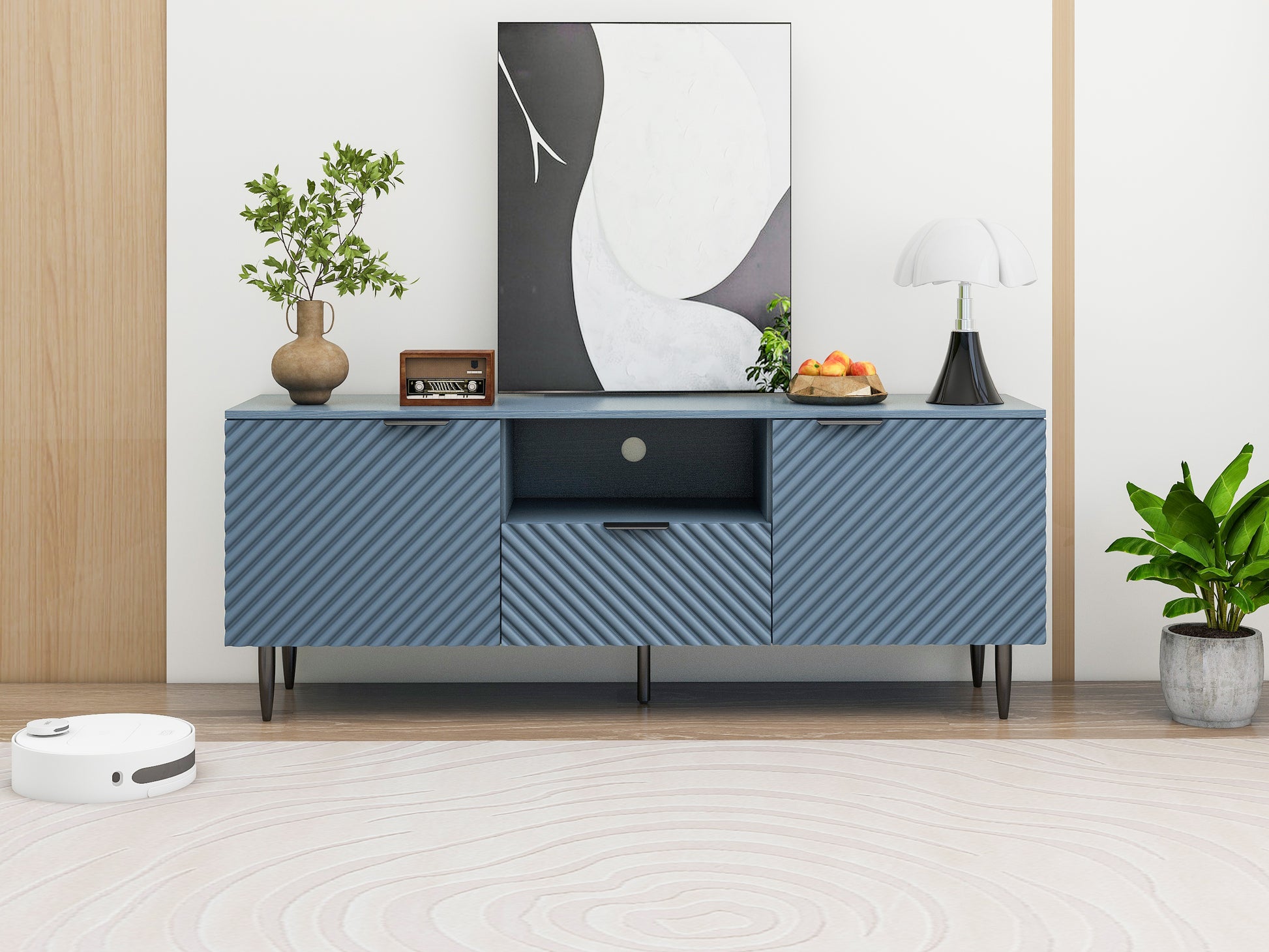 Tv Stand With Solid Ion Feet, Tv Console Table For Living Room, Bedroom Blue Particle Board