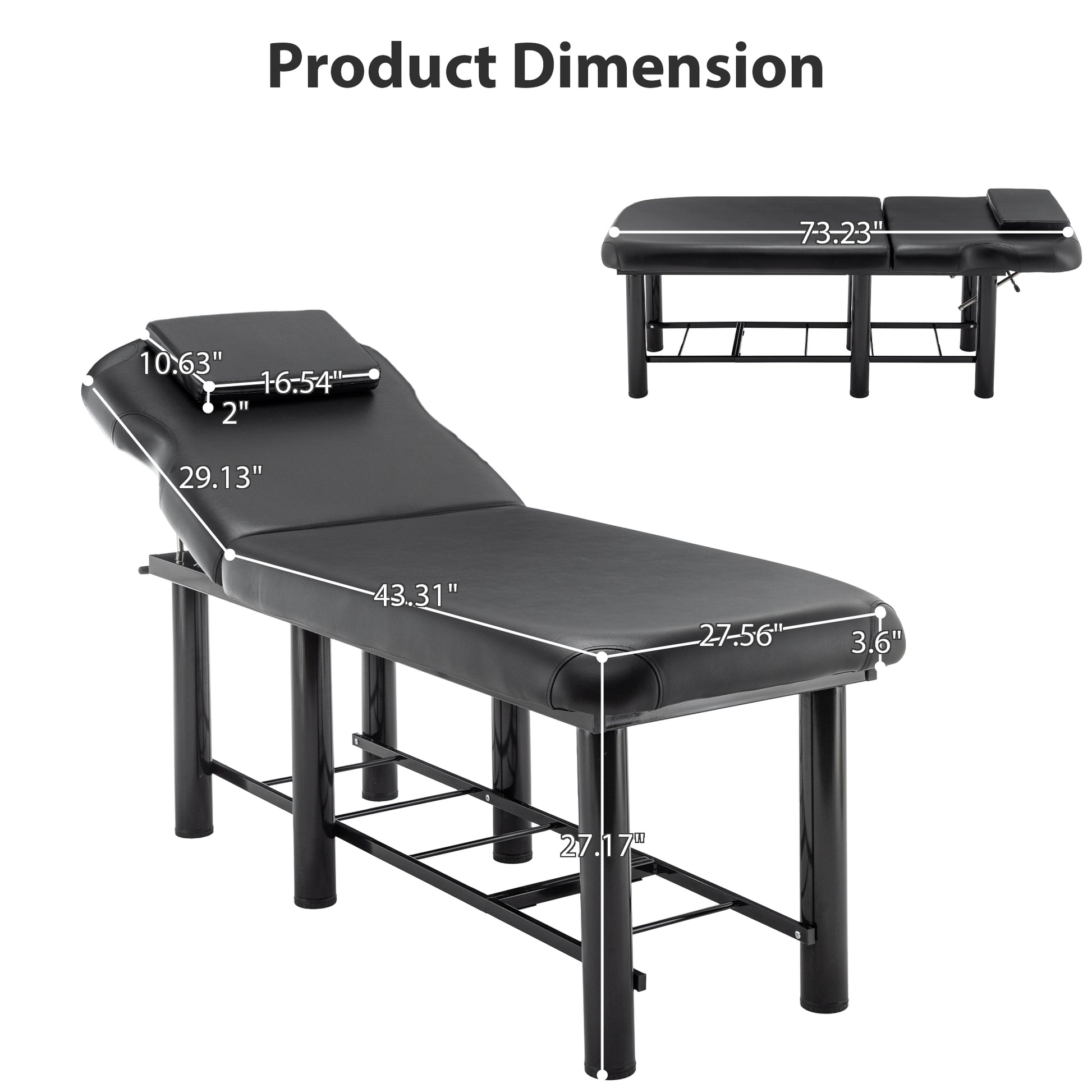 Professioanl Massage Tablebackrest Adjustable, Removable Headrest, Bottom Shelf Storagememory Foam Layer Salon Bed,Black Black Metal