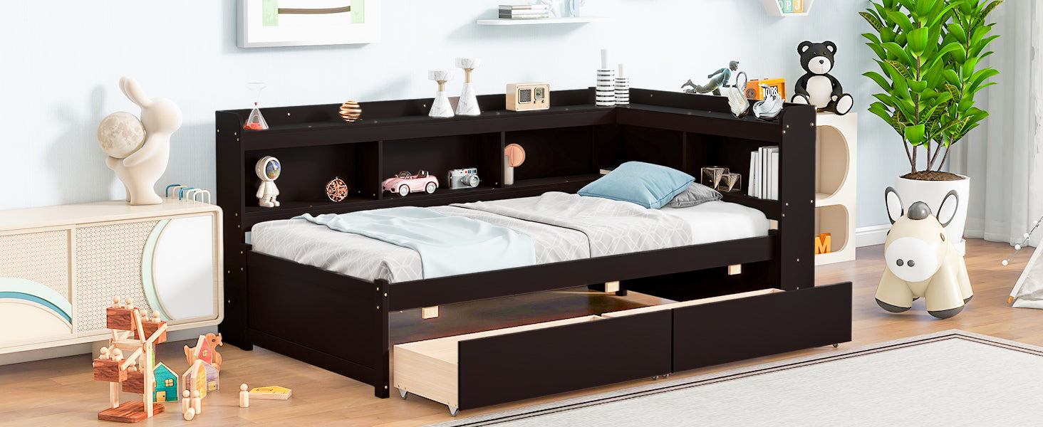 Twin Bed With L Shaped Bookcases,Drawers,Espresso Twin Espresso Pine