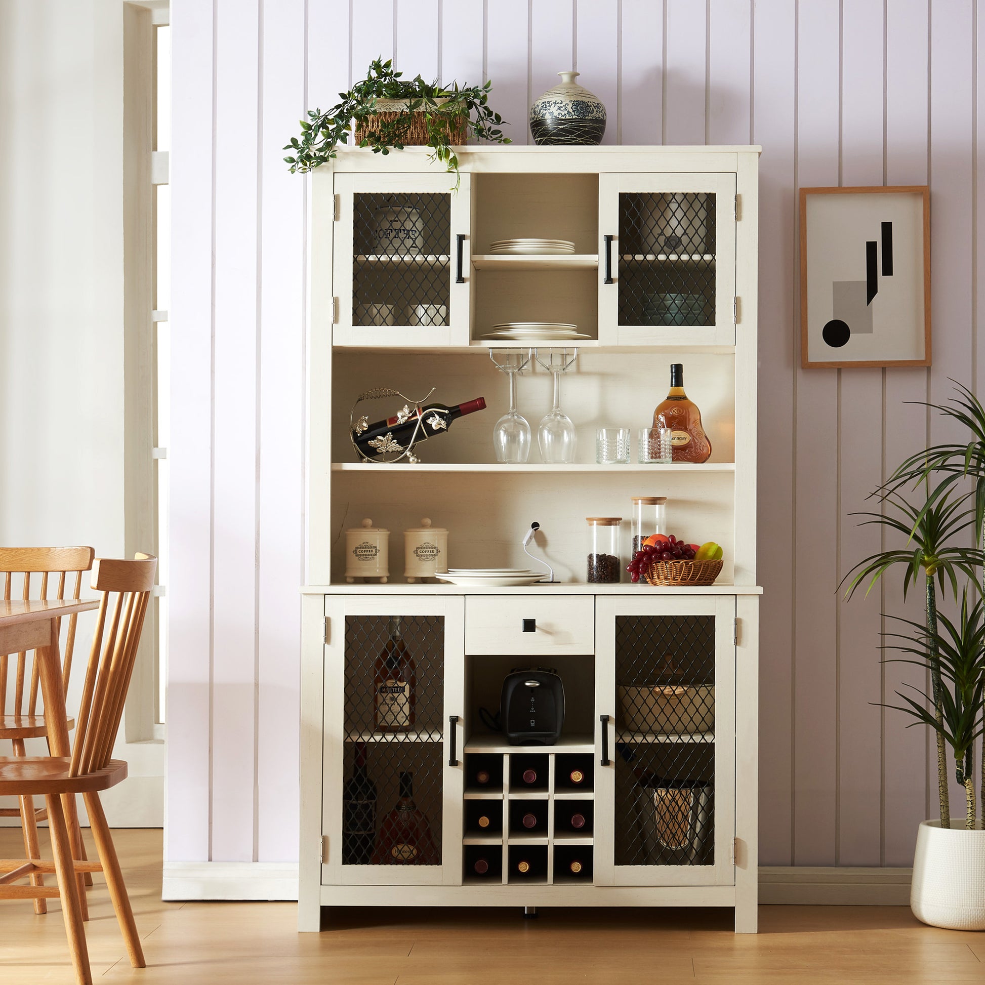 70" Kitchen Pantry Storage Cabinet Rustic Buffet Cabinet, Kitchen Hutch Cabinet With Led Outlets Food Pantry Cabinet With Doors And Shelves Wine Rack For Dining Room, Antique White Antique White Dining Room Classic Mdf