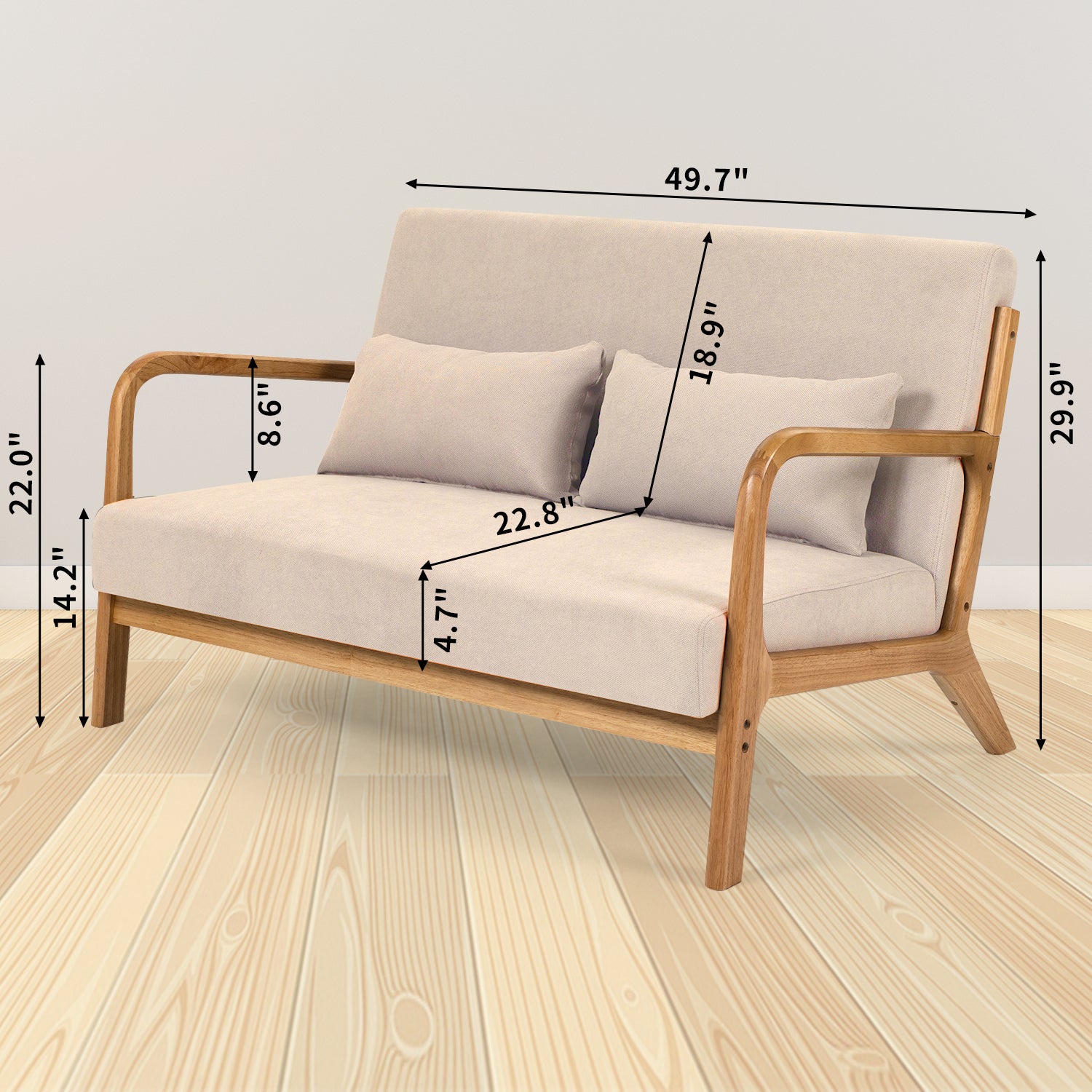 Leisure Chair With Solid Wood Armrest And Feet, Mid Century Modern Accent Sofa,2 Seat Beige Linen