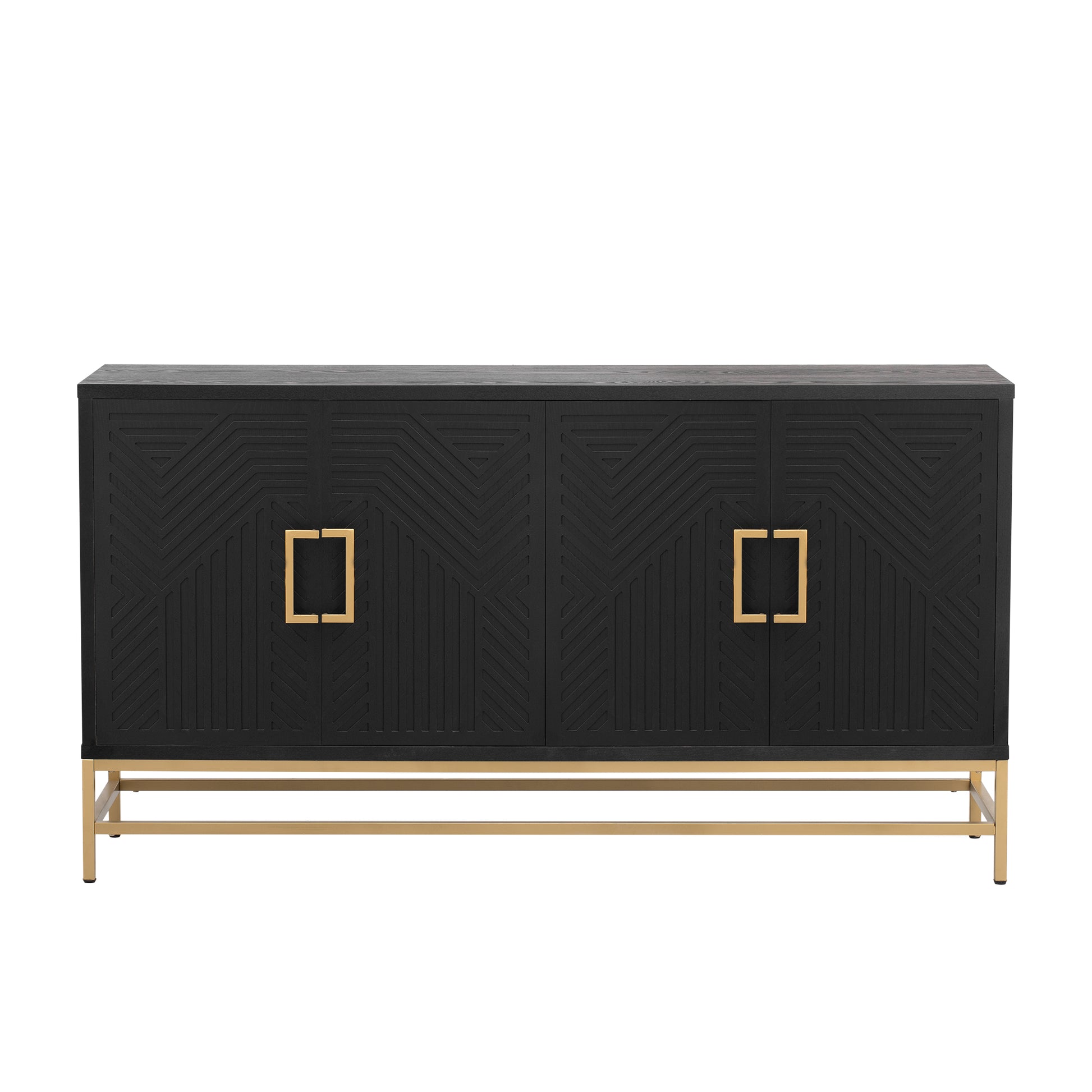 Sideboard Buffet Cabinet With Storage, Sideboard Cabinet With Adjustable Shelves, Rectangular Metal Handles And Legs For Kitchen, Living Room, And Dining Room, Black Black Mdf