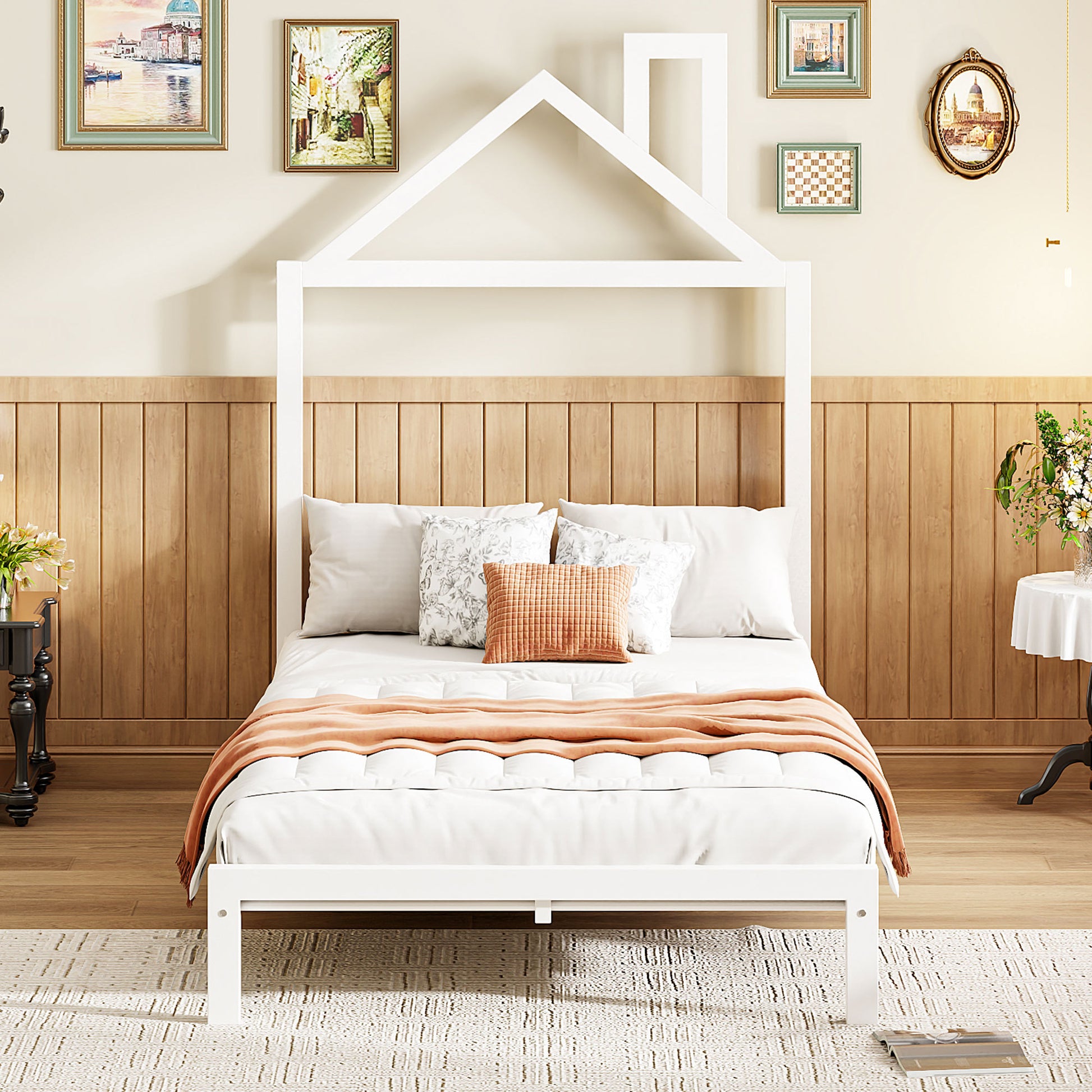 Twin Size Metal Platform Bed With House Shaped Headboard Design, White White Metal
