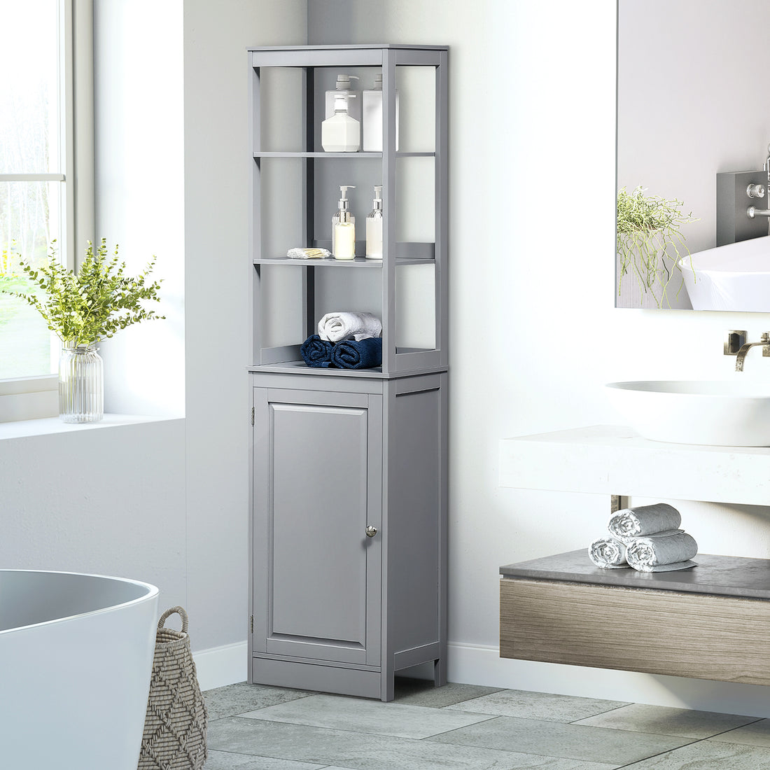 Kleankin Tall Bathroom Storage Cabinet, Freestanding Linen Tower With 3 Tier Open Shelf And Door, Slim Floor Organizer, Grey Gray Mdf