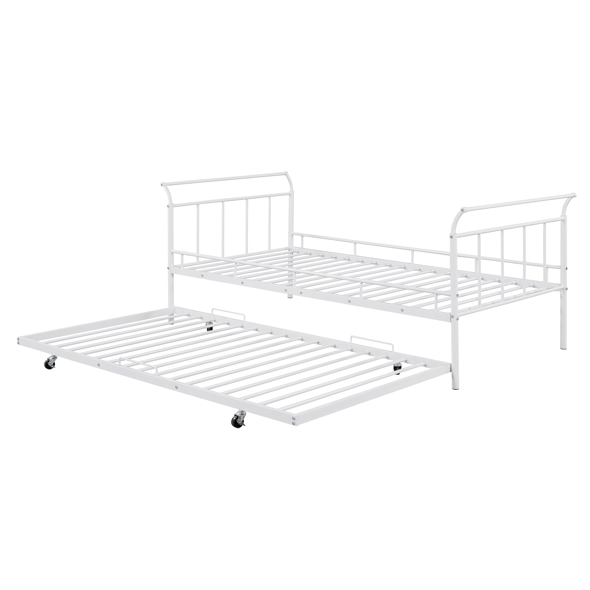 Twin Size Metal Daybed With Curved Handle Design And Twin Size Trundle, White White Metal