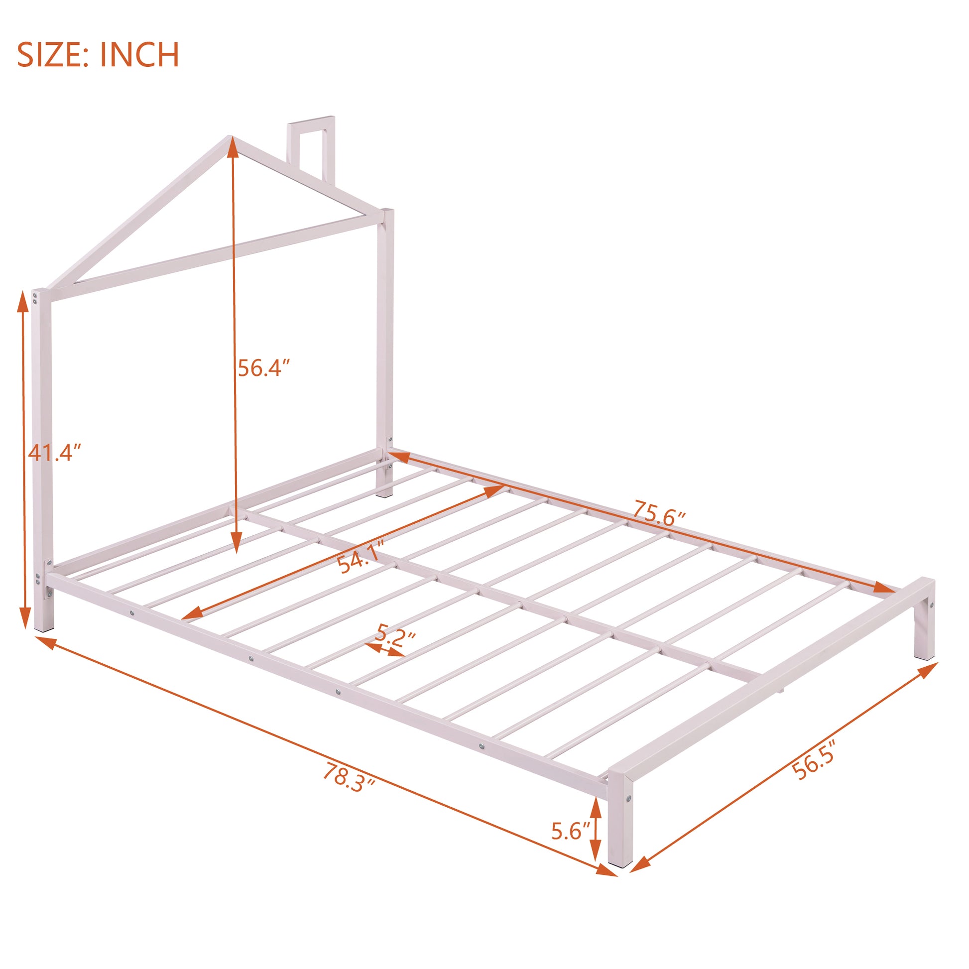 Full Size Metal Platform Bed With House Shaped Headboard Design, Pink Pink Metal