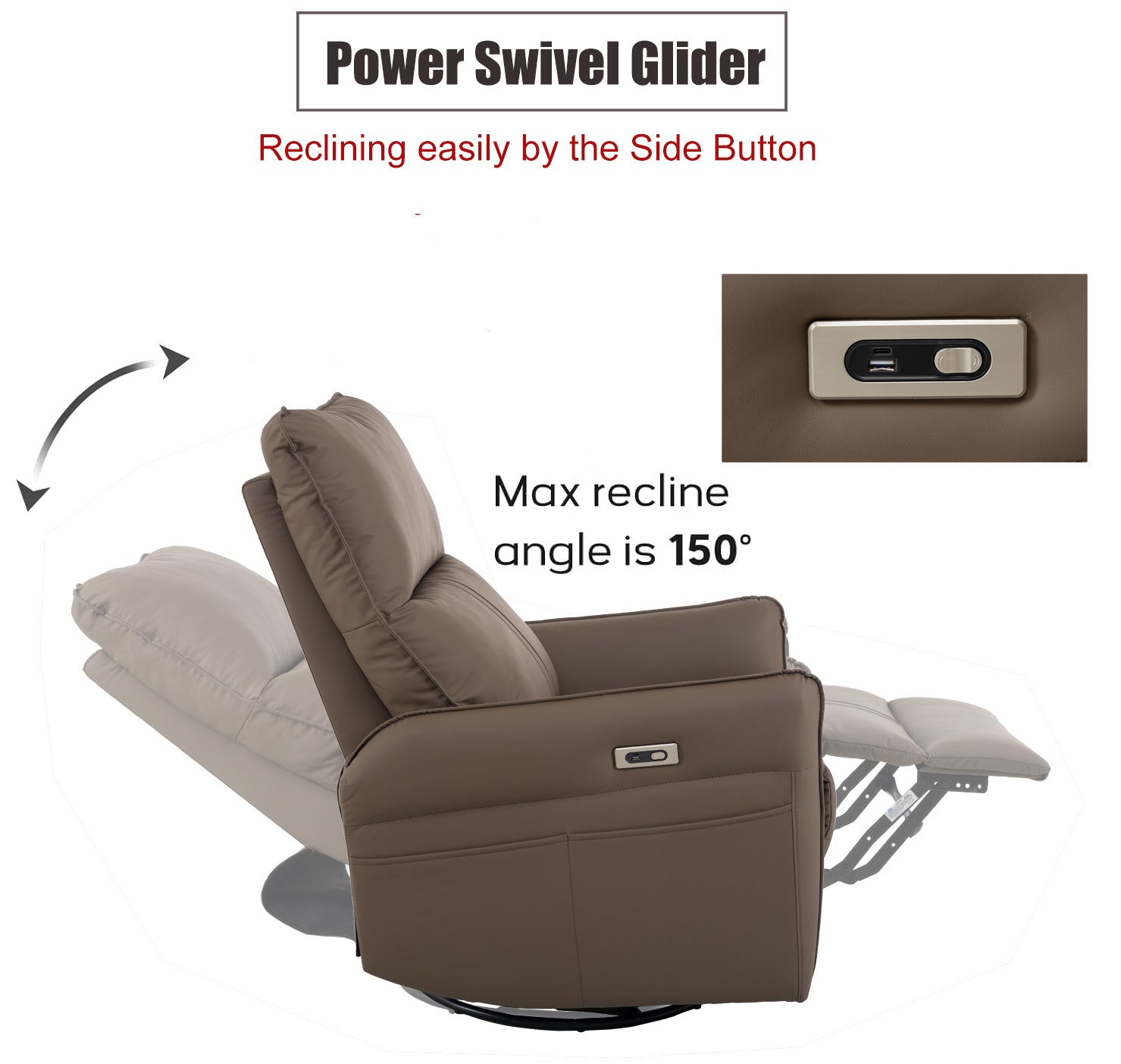 270 Power Swivel Rocker Recliner Chair, Electric Glider Reclining Sofa With Usb Ports, Power Swivel Glider, Rocking Chair Nursery Recliners For Living Room Bedroom Brown Solid Brown Light Brown Primary Living Space Foam Wipe Clean Rectangular