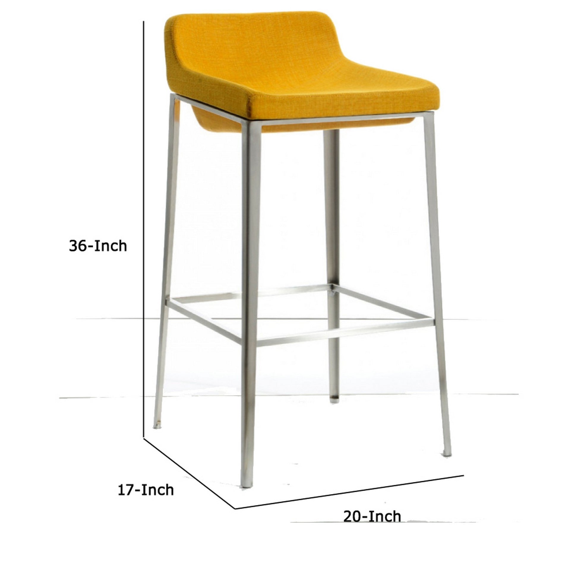 Fabric Upholstered Metal Bar Stool, Yellow And Silver Yellow Fabric Metal