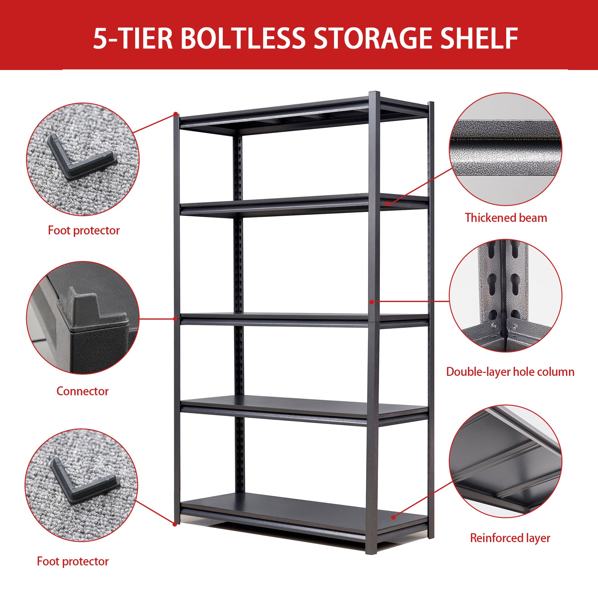 78"H 5 Tier Metal Shelves For Storage Garage Shelving 2000Lbs Heavy Duty Storage Shelves Adjustable Garage Shelf Industrial Shelving Unit Storage Utility Rack,47.2"W*18"D*78"H,Black 5 Black Gray Standard Vertical Kitchen Open Back Metal Modern Adjustable