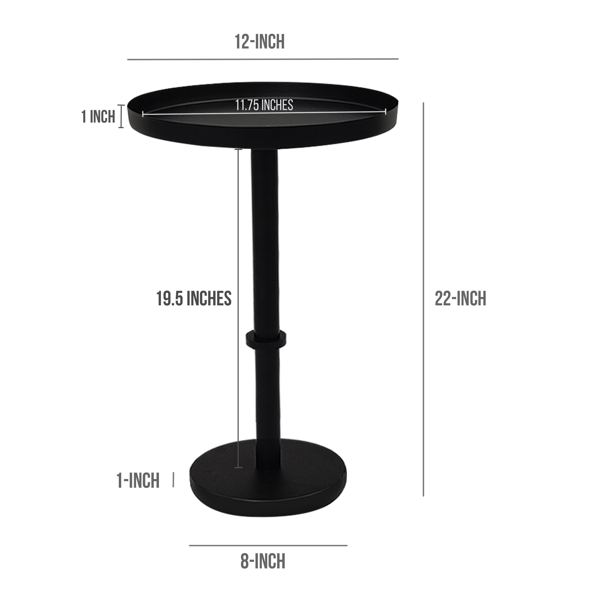 Ara 12 Inch Side End Table, Vintage Sleek Pillar Base, Round Tray Top, Matte Black Black Iron