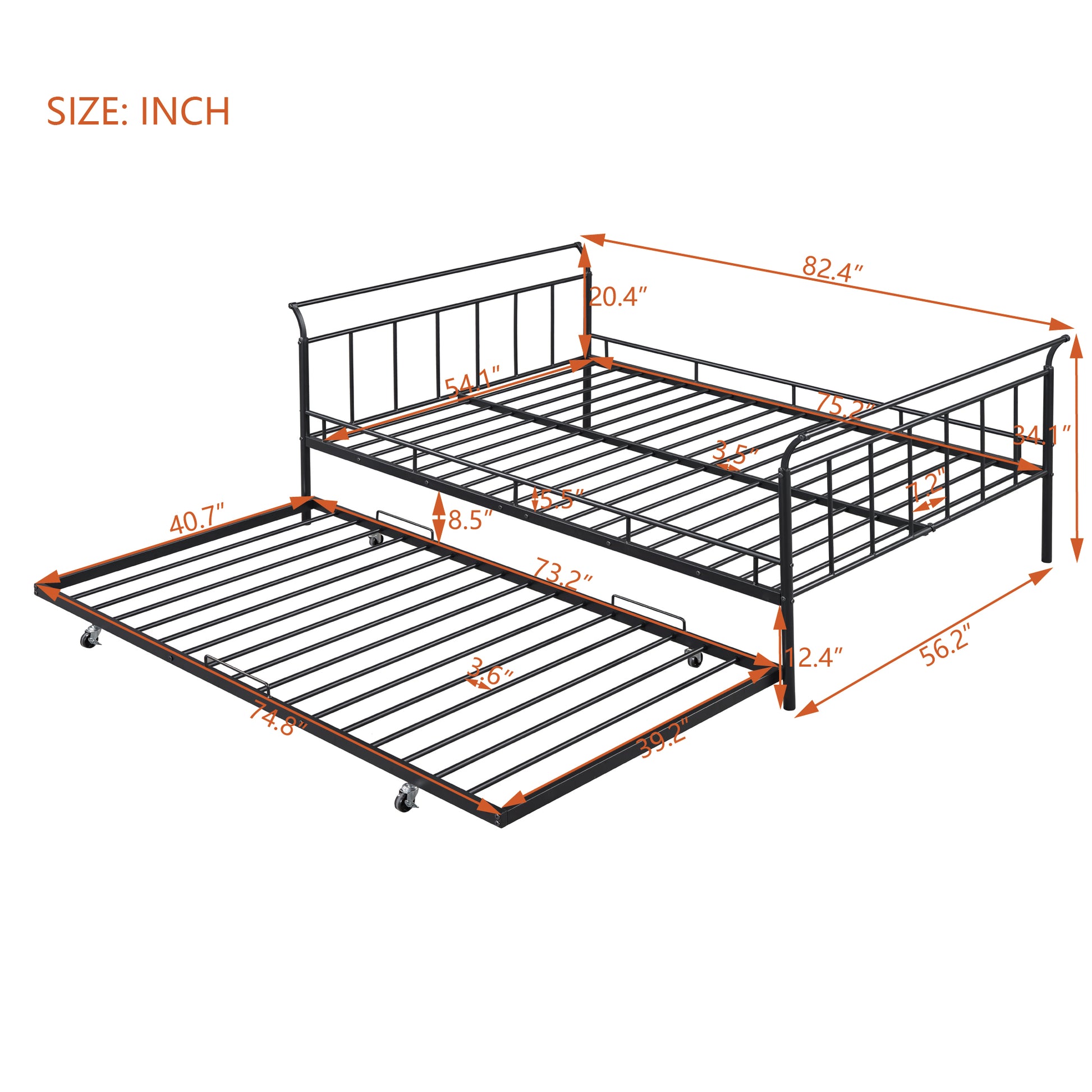 Full Size Metal Daybed With Curved Handle Design And Twin Size Trundle, Black Black Metal