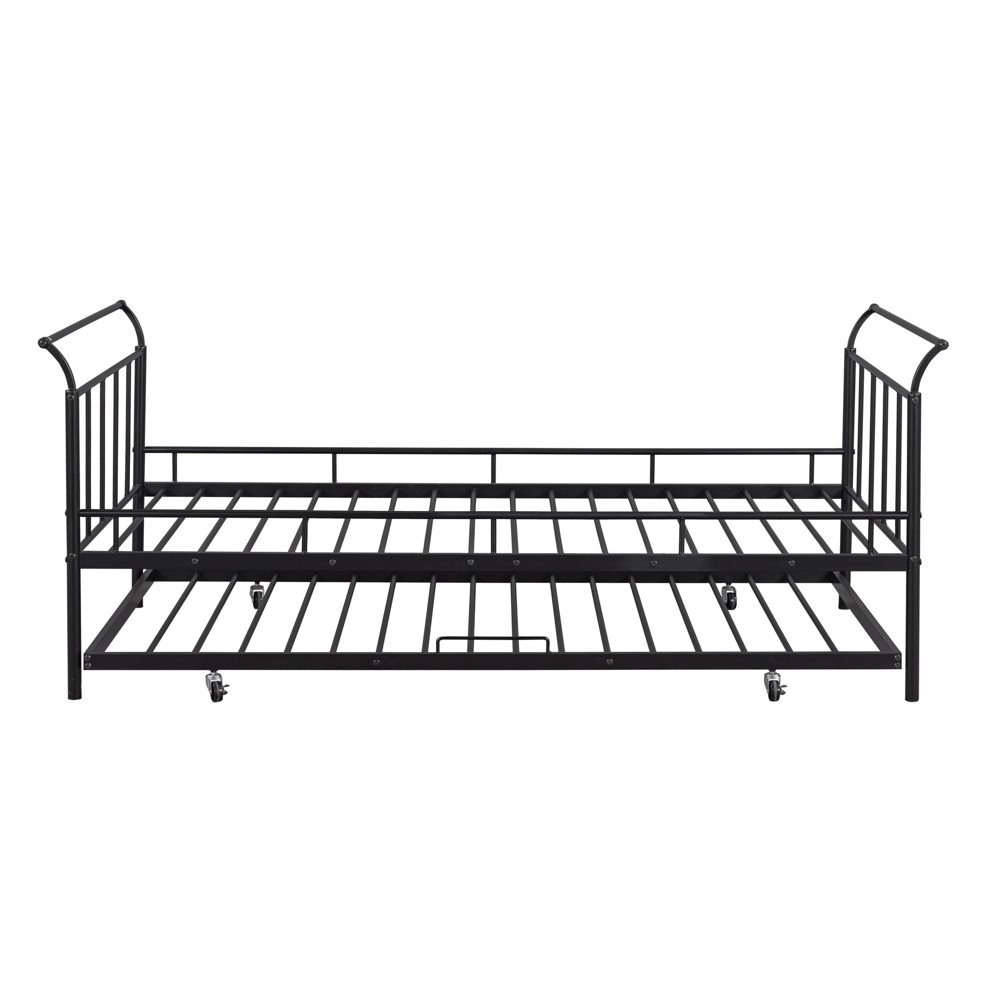 Twin Size Metal Daybed With Curved Handle Design And Twin Size Trundle, Black Black Metal