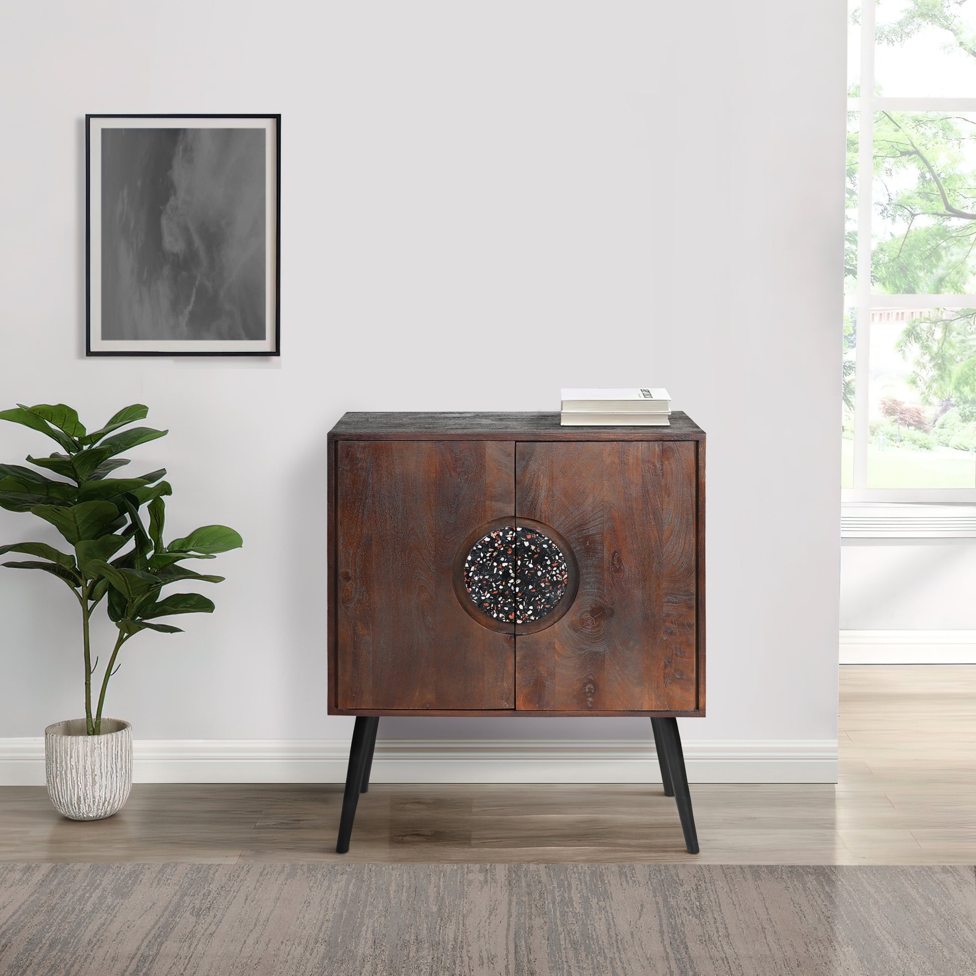 37 Inch 2 Door Mango Wood Sideboard Cabinet, Terrazzo Stone, Sandblasted Red Oak Finish, Black Legs Red Black Buffalo Check Metal & Wood