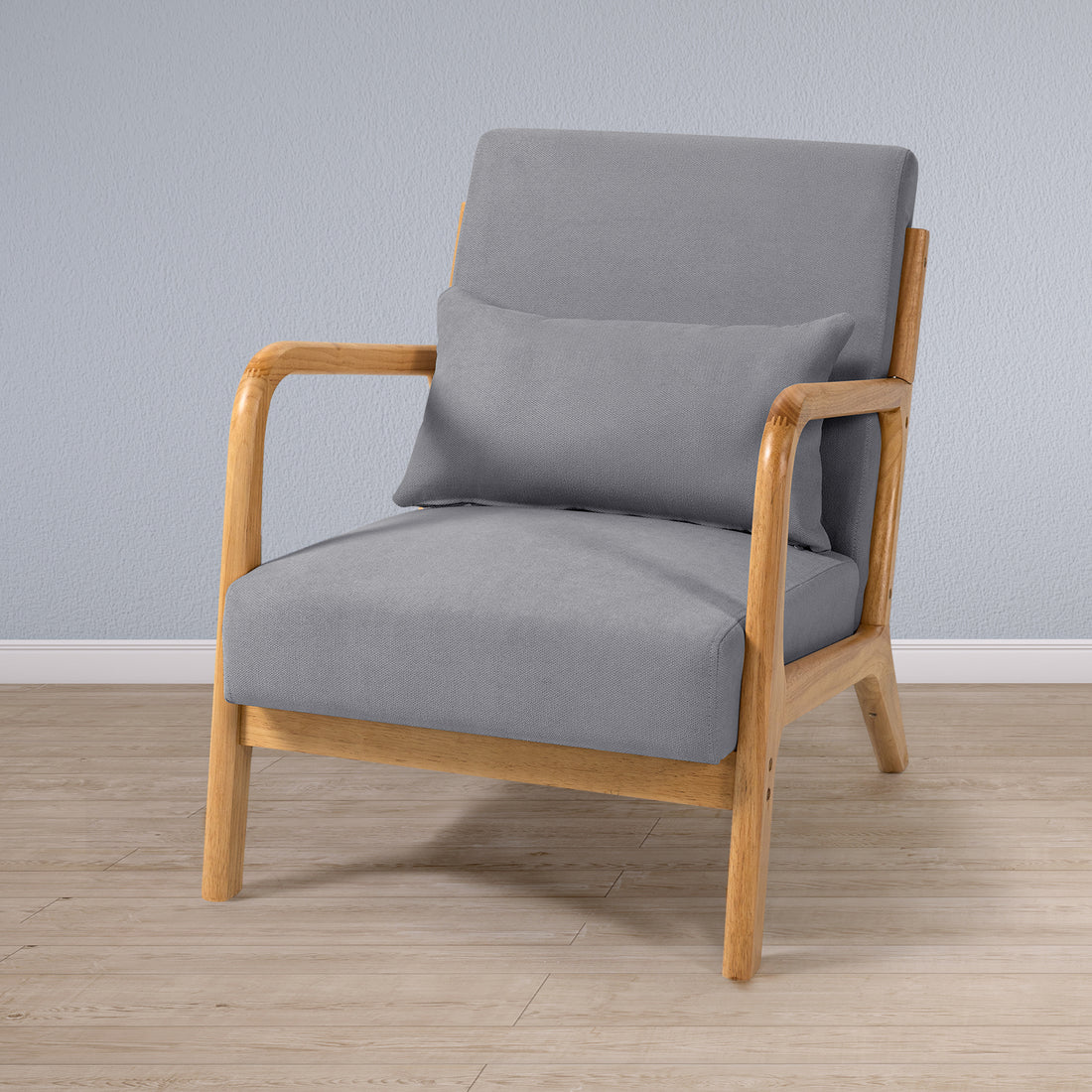 Leisure Chair With Solid Wood Armrest And Feet, Mid Century Modern Accent Sofa,1 Seat Light Gray Linen
