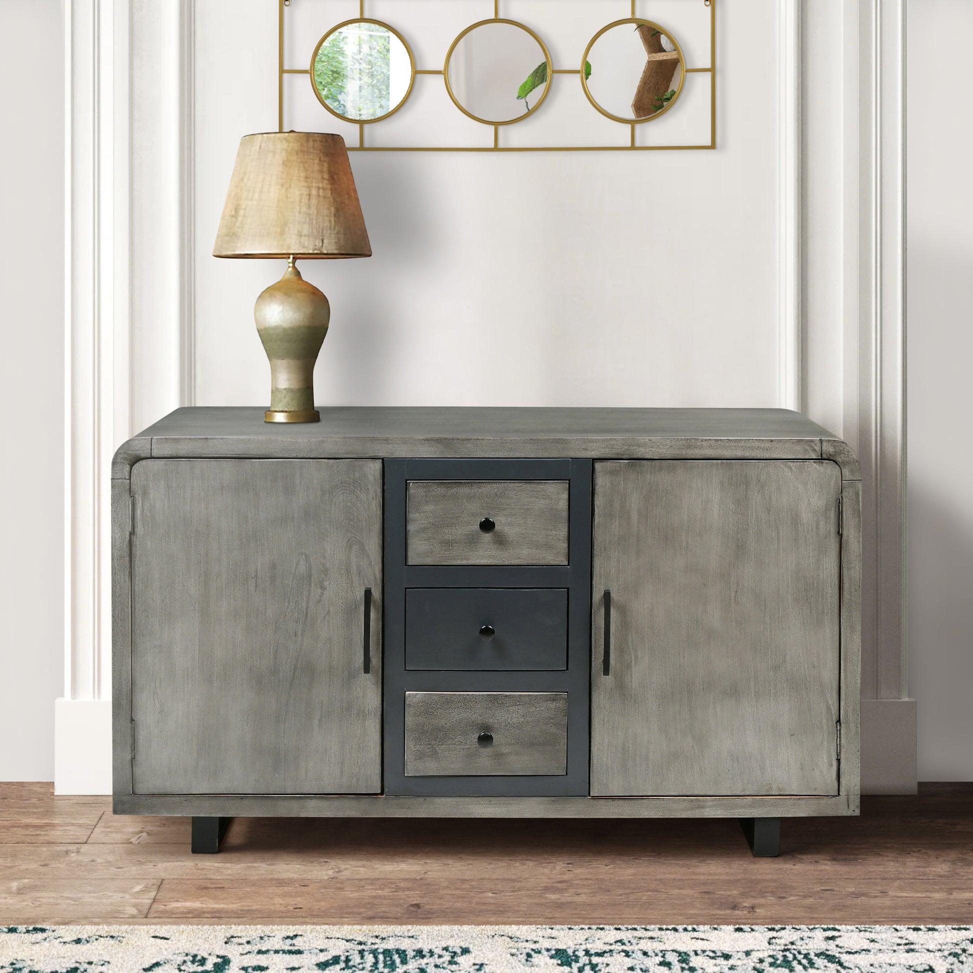 55 Inch Industrial Style Sideboard Console With 2 Cabinets, Iron Handles, Matte Gray Mango Wood Gray Metal & Wood