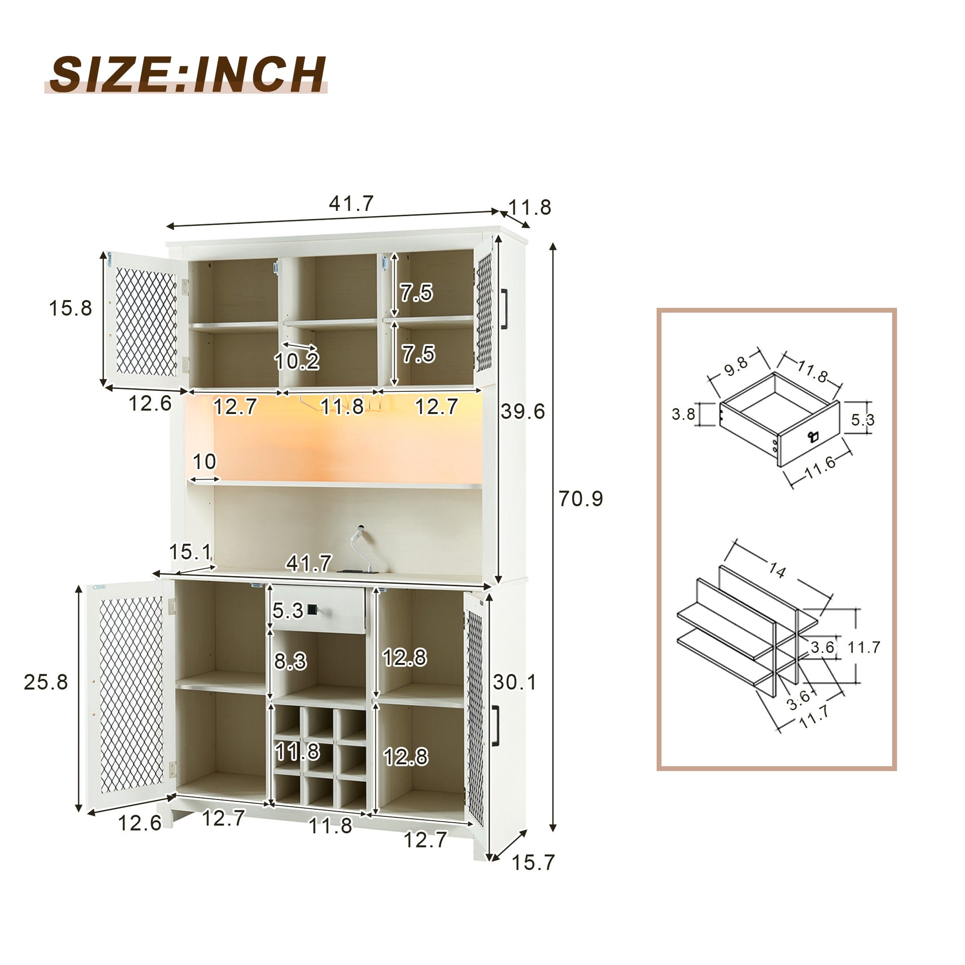 70" Kitchen Pantry Storage Cabinet Rustic Buffet Cabinet, Kitchen Hutch Cabinet With Led Outlets Food Pantry Cabinet With Doors And Shelves Wine Rack For Dining Room, Antique White Antique White Dining Room Classic Mdf