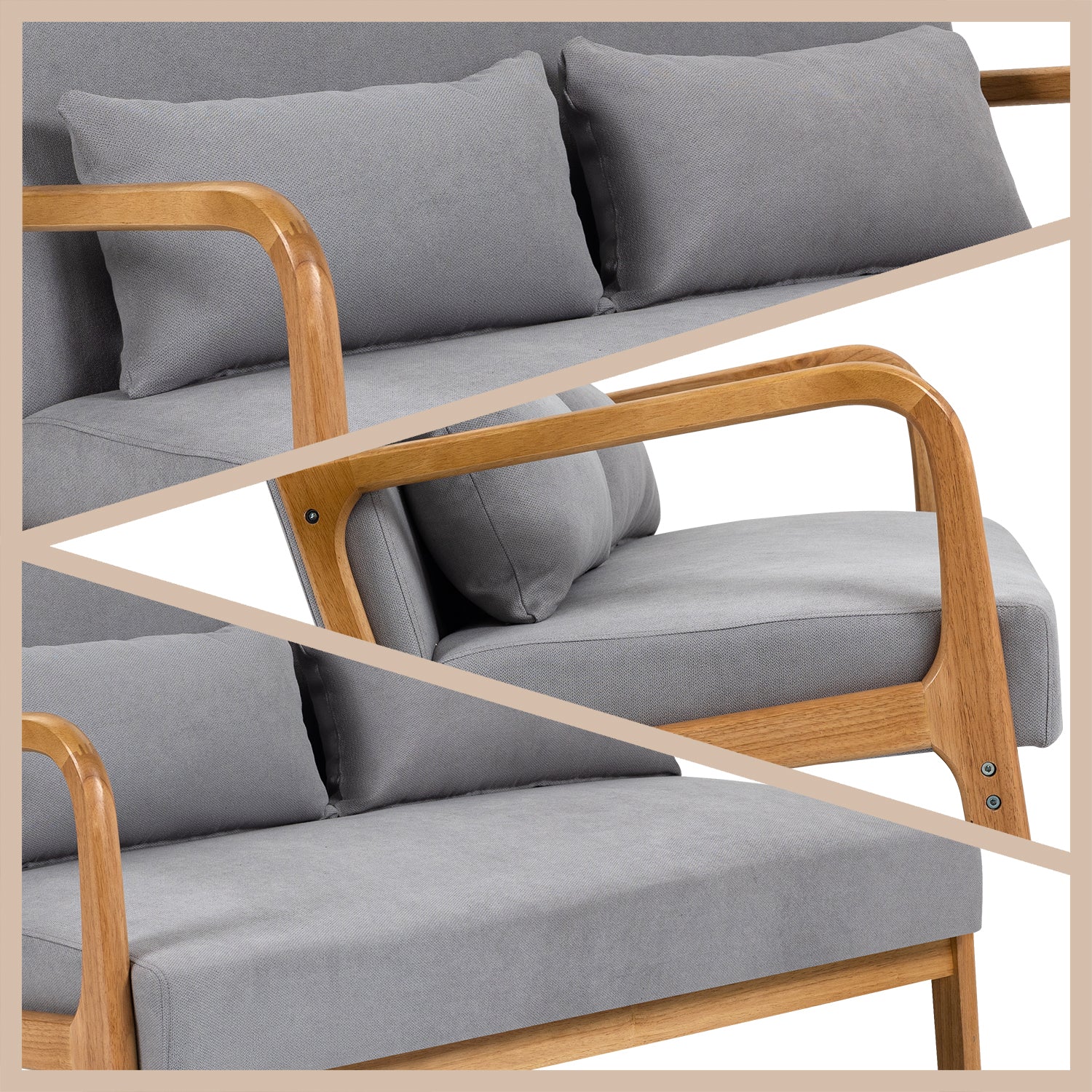 Leisure Chair With Solid Wood Armrest And Feet, Mid Century Modern Accent Sofa,2 Seat Light Gray Linen