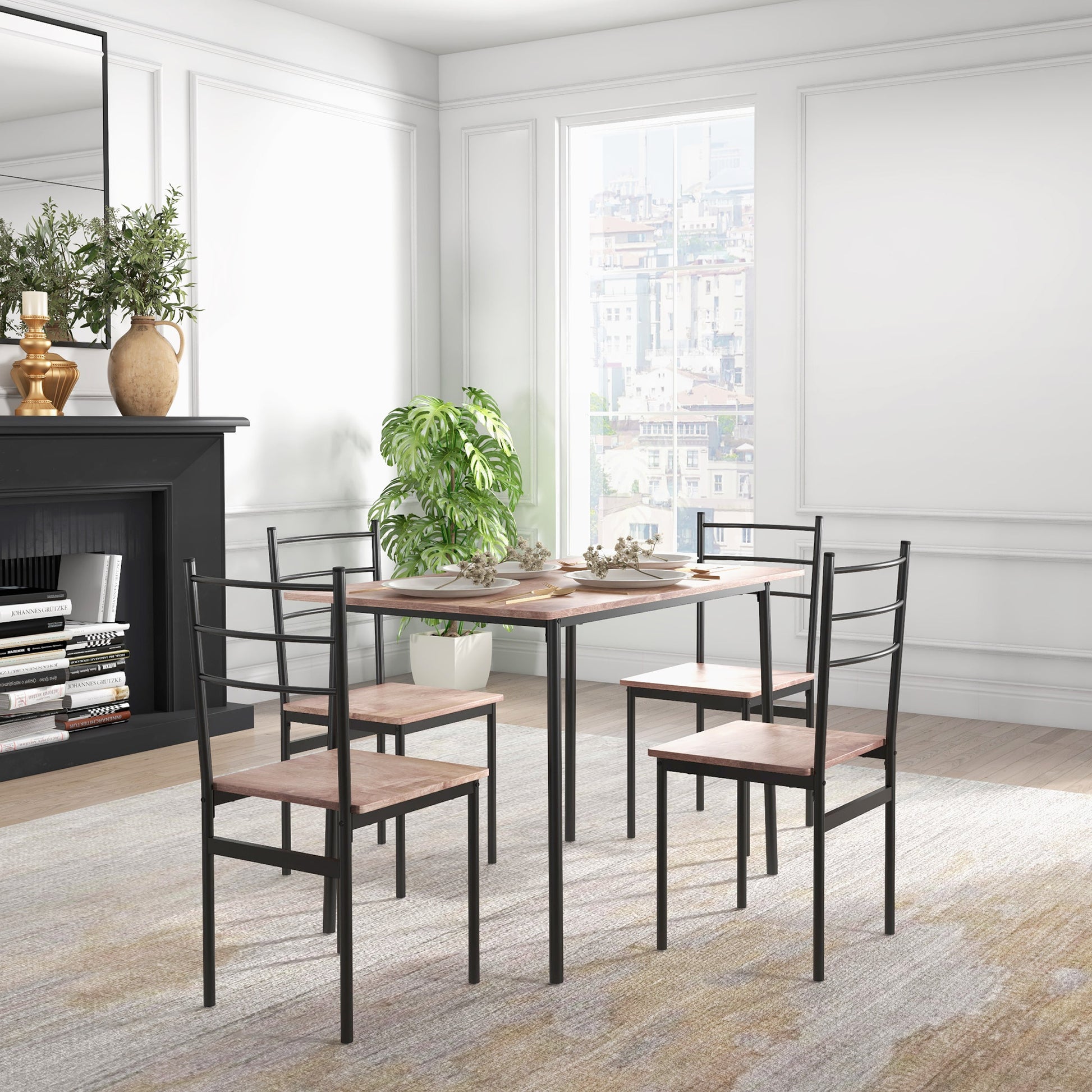 Homcom 5 Piece Dining Room Table Set For 4, Space Saving Kitchen Table And Chairs, Rectangle Dining Set With Steel Frame For Breakfast Nook Brown Mdf