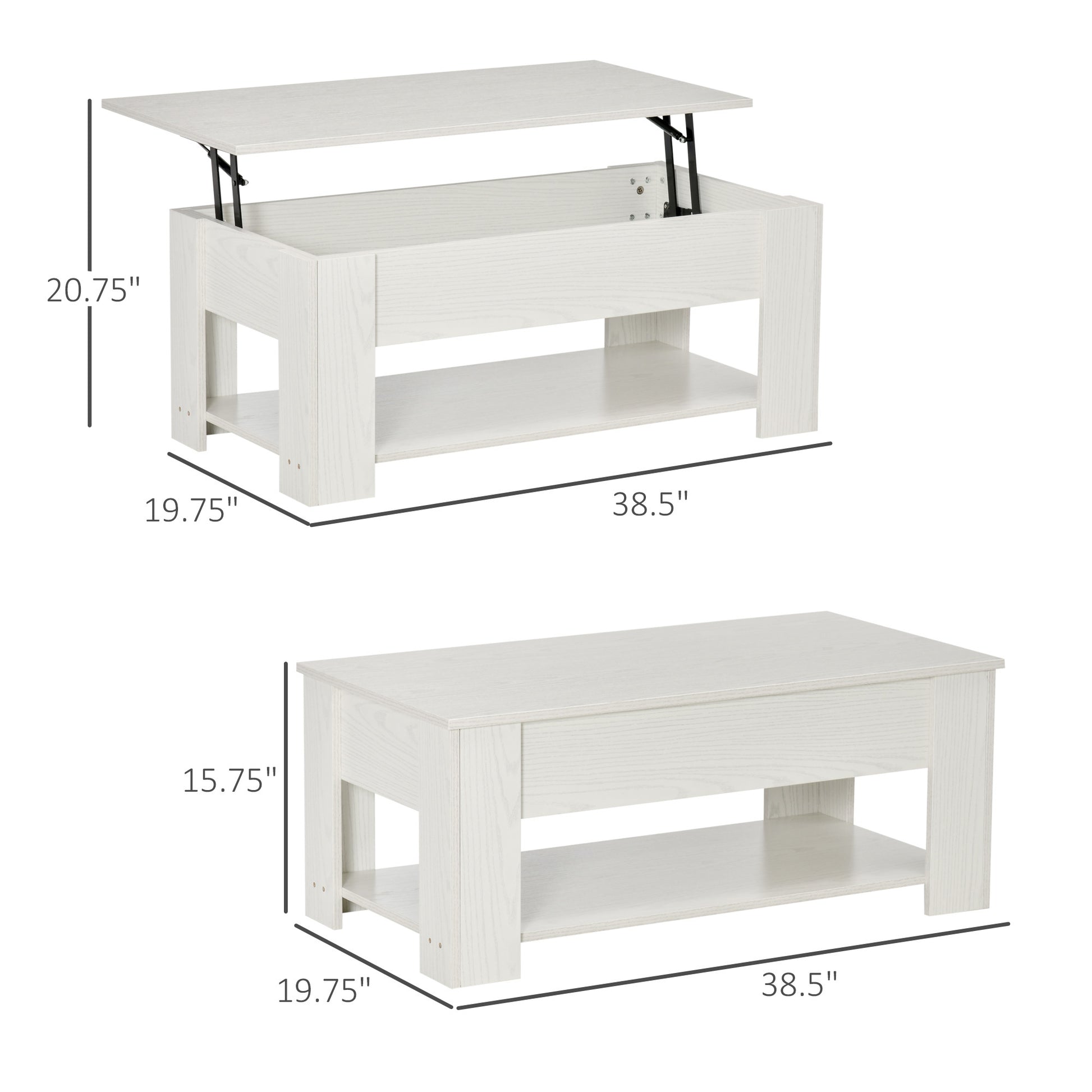 Homcom 39" Lift Top Coffee Table With Hidden Storage Compartment And Open Shelf, Pop Up Coffee Table For Living Room, White White Particle Board
