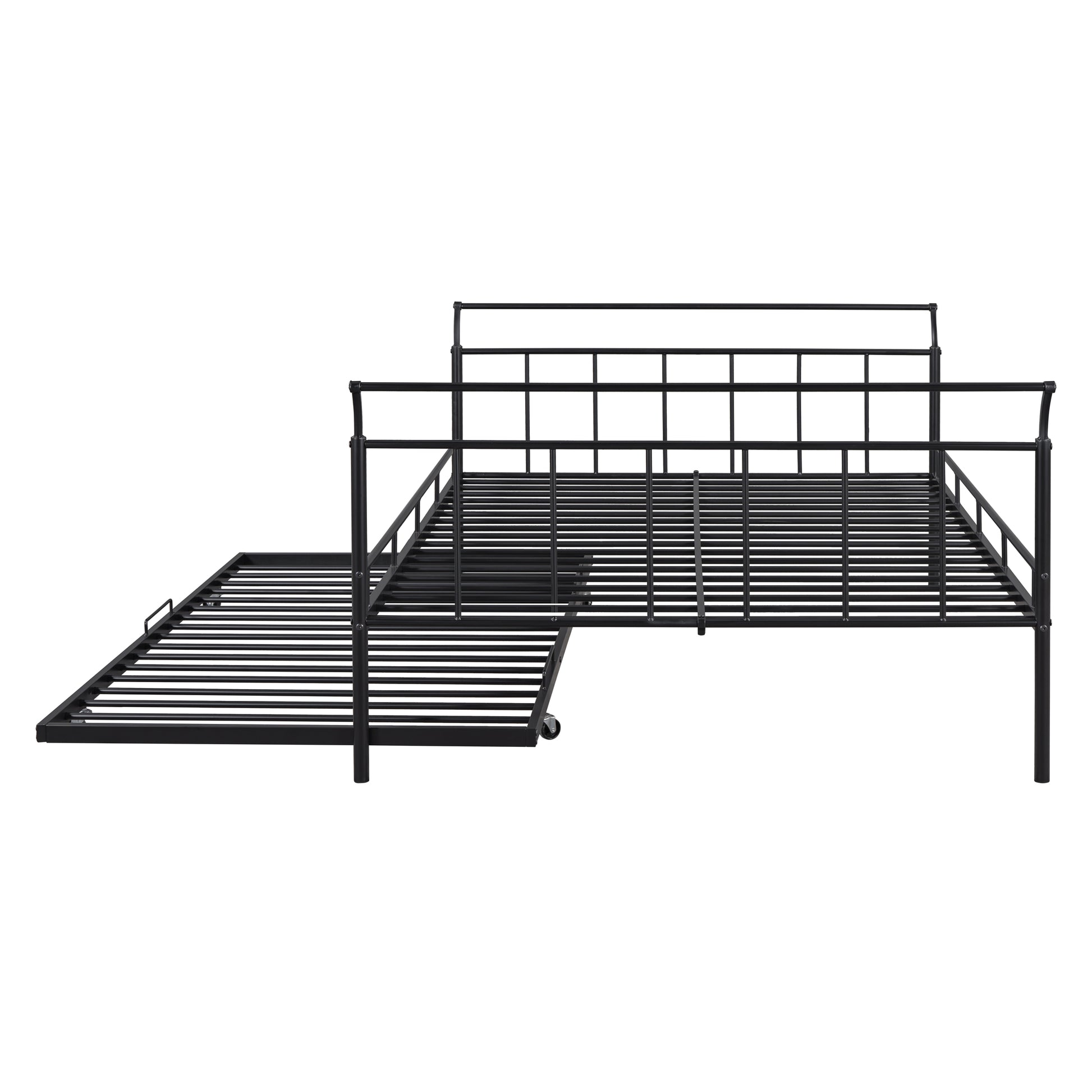 Full Size Metal Daybed With Curved Handle Design And Twin Size Trundle, Black Black Metal