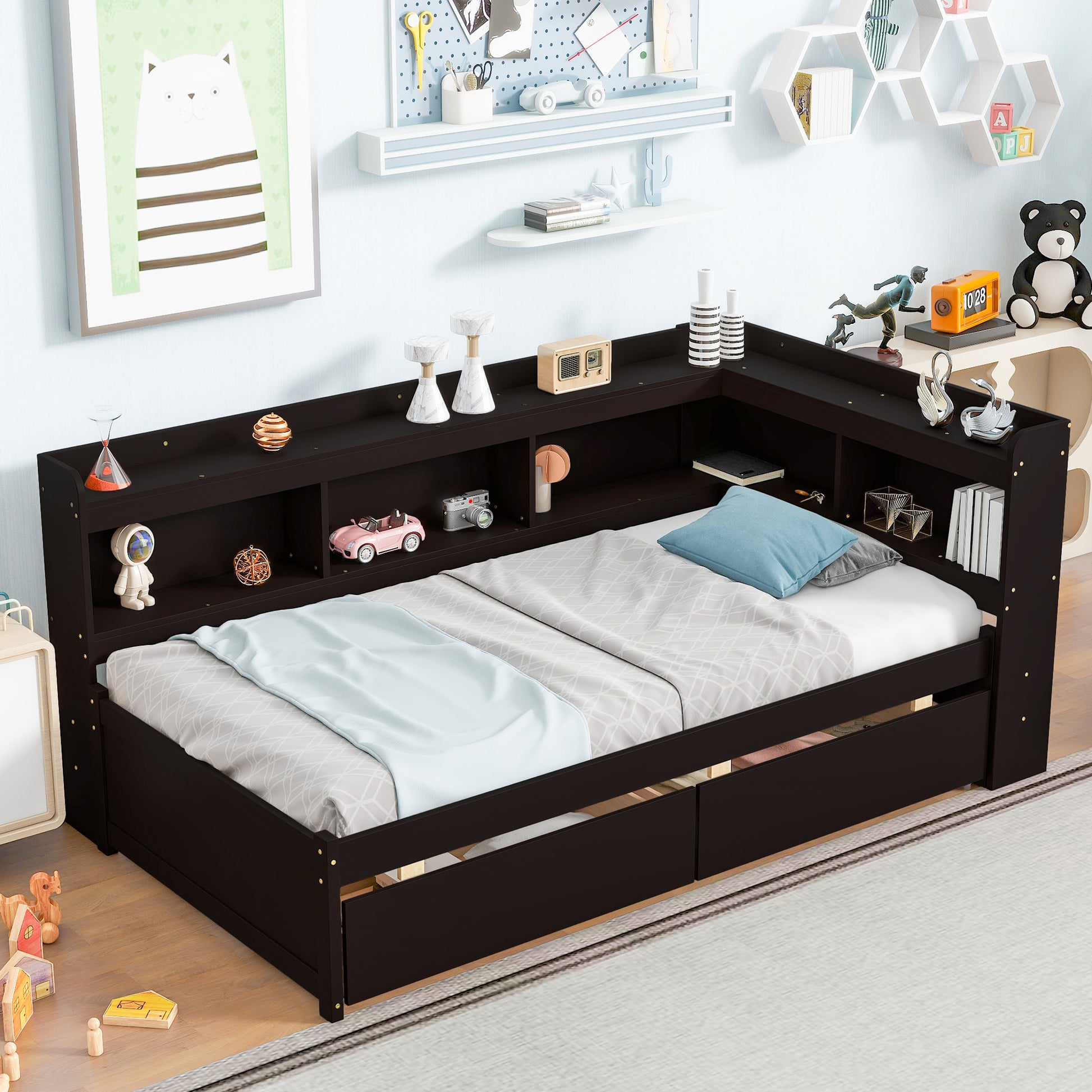 Twin Bed With L Shaped Bookcases,Drawers,Espresso Twin Espresso Pine