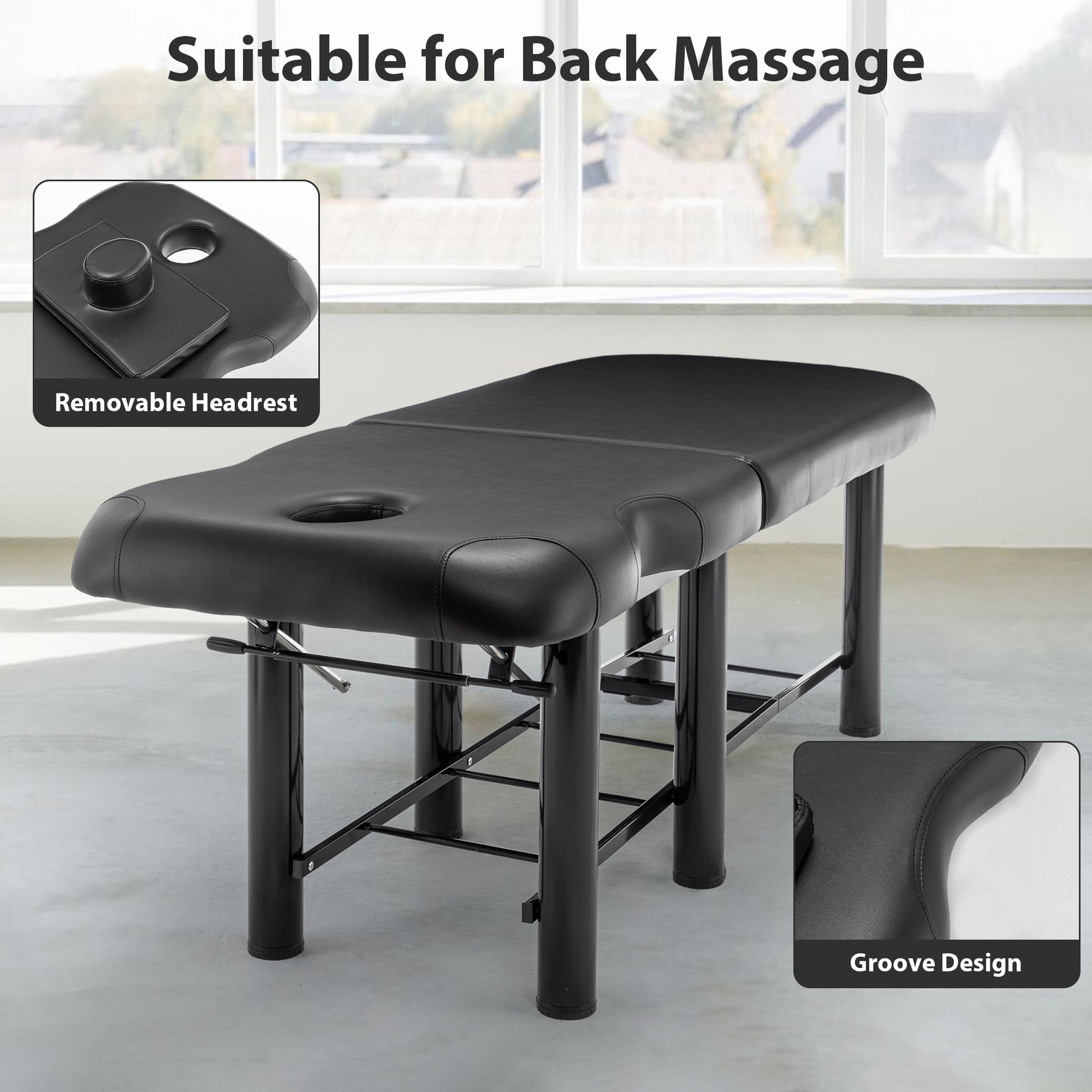 Professioanl Massage Tablebackrest Adjustable, Removable Headrest, Bottom Shelf Storagememory Foam Layer Salon Bed,Black Black Metal