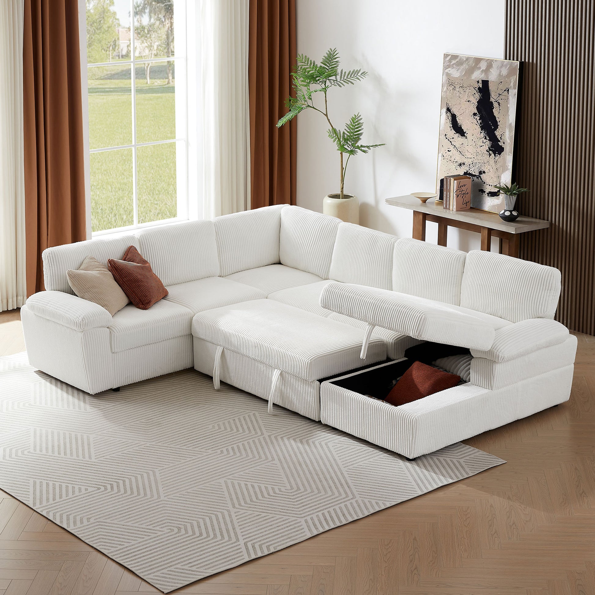 Oversized Modular Storage Sectional Sofa Couch For Home Apartment Office Living Room,Free Combination L U Shaped Corduroy Upholstered Deep Seat Furniture Convertible Sleeper Sofabed Right White Corduroy