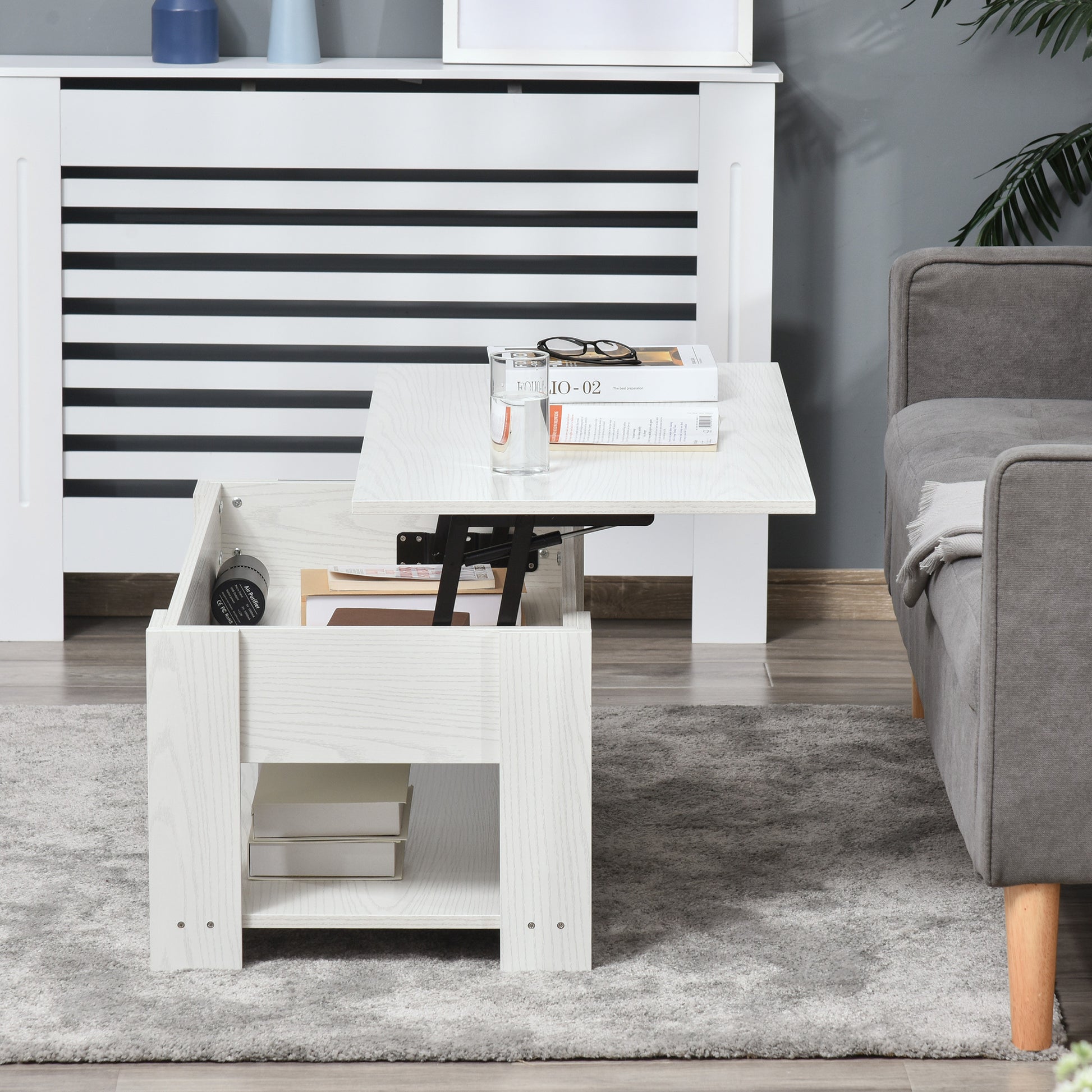 Homcom 39" Lift Top Coffee Table With Hidden Storage Compartment And Open Shelf, Pop Up Coffee Table For Living Room, White White Particle Board