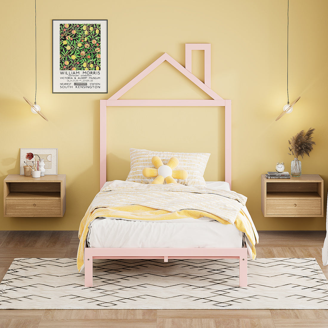 Twin Size Metal Platform Bed With House Shaped Headboard Design, Pink Pink Metal