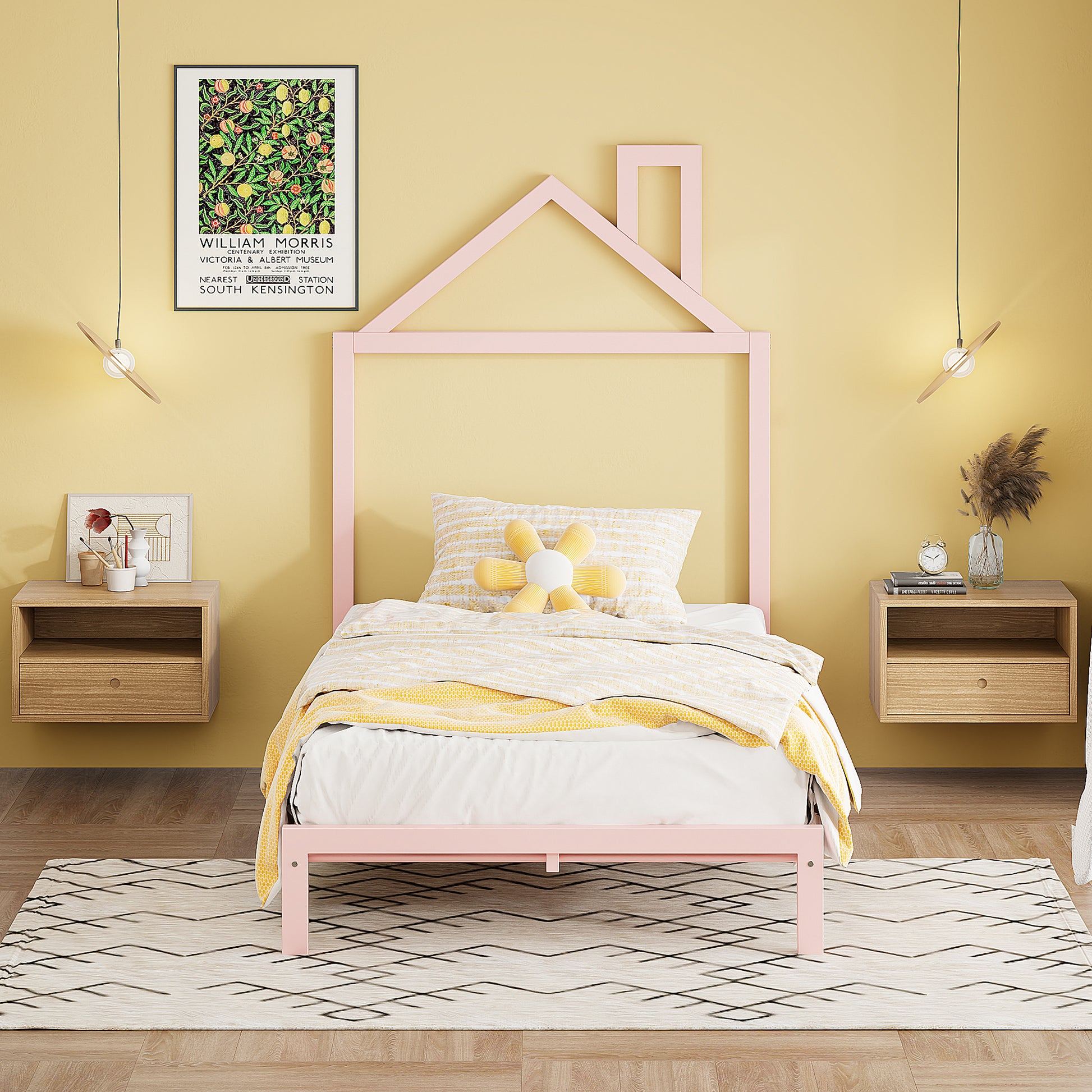 Twin Size Metal Platform Bed With House Shaped Headboard Design, Pink Pink Metal