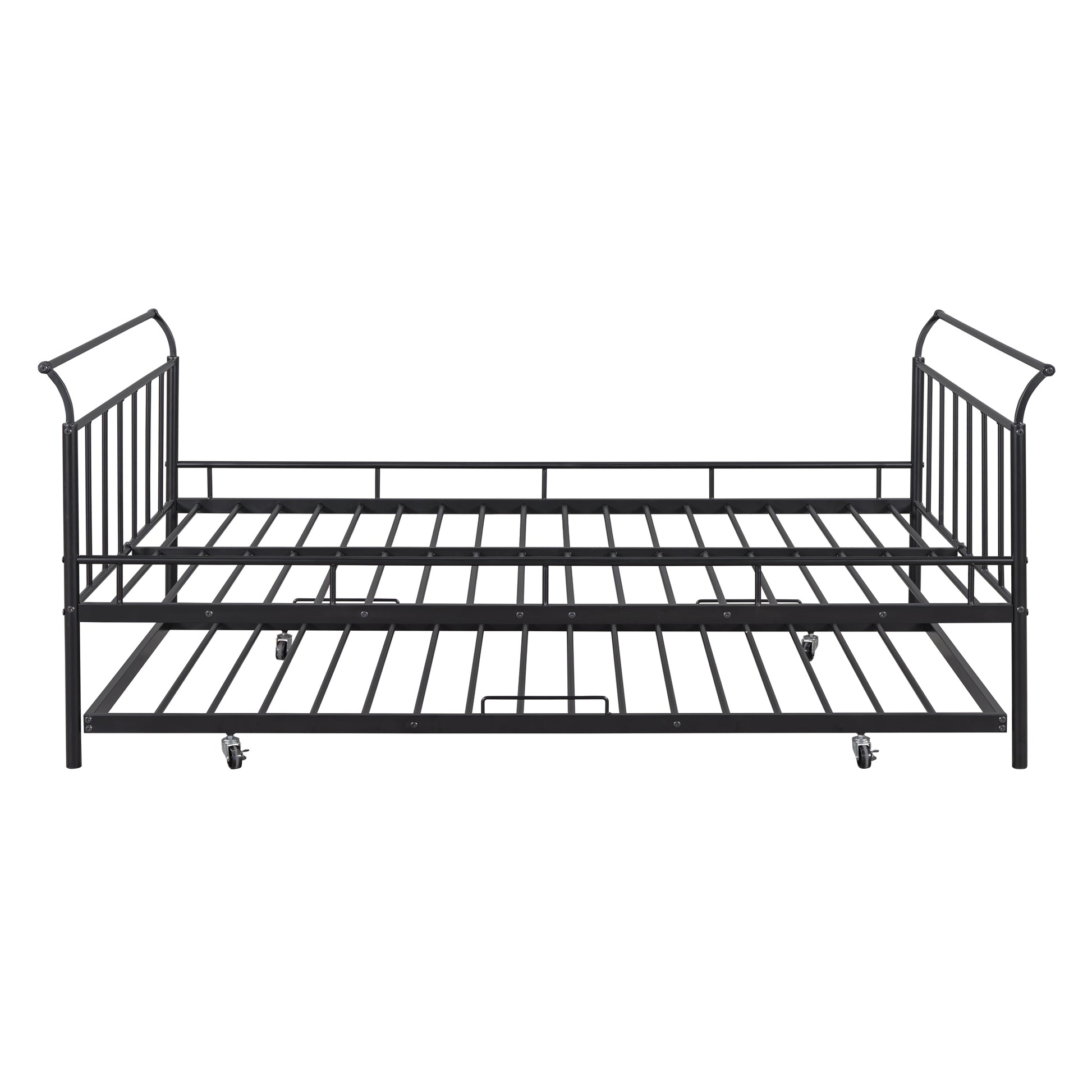 Full Size Metal Daybed With Curved Handle Design And Twin Size Trundle, Black Black Metal