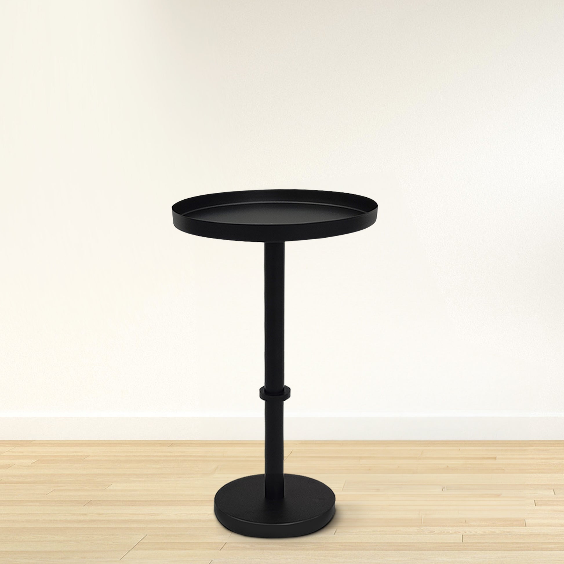 Ara 12 Inch Side End Table, Vintage Sleek Pillar Base, Round Tray Top, Matte Black Black Iron