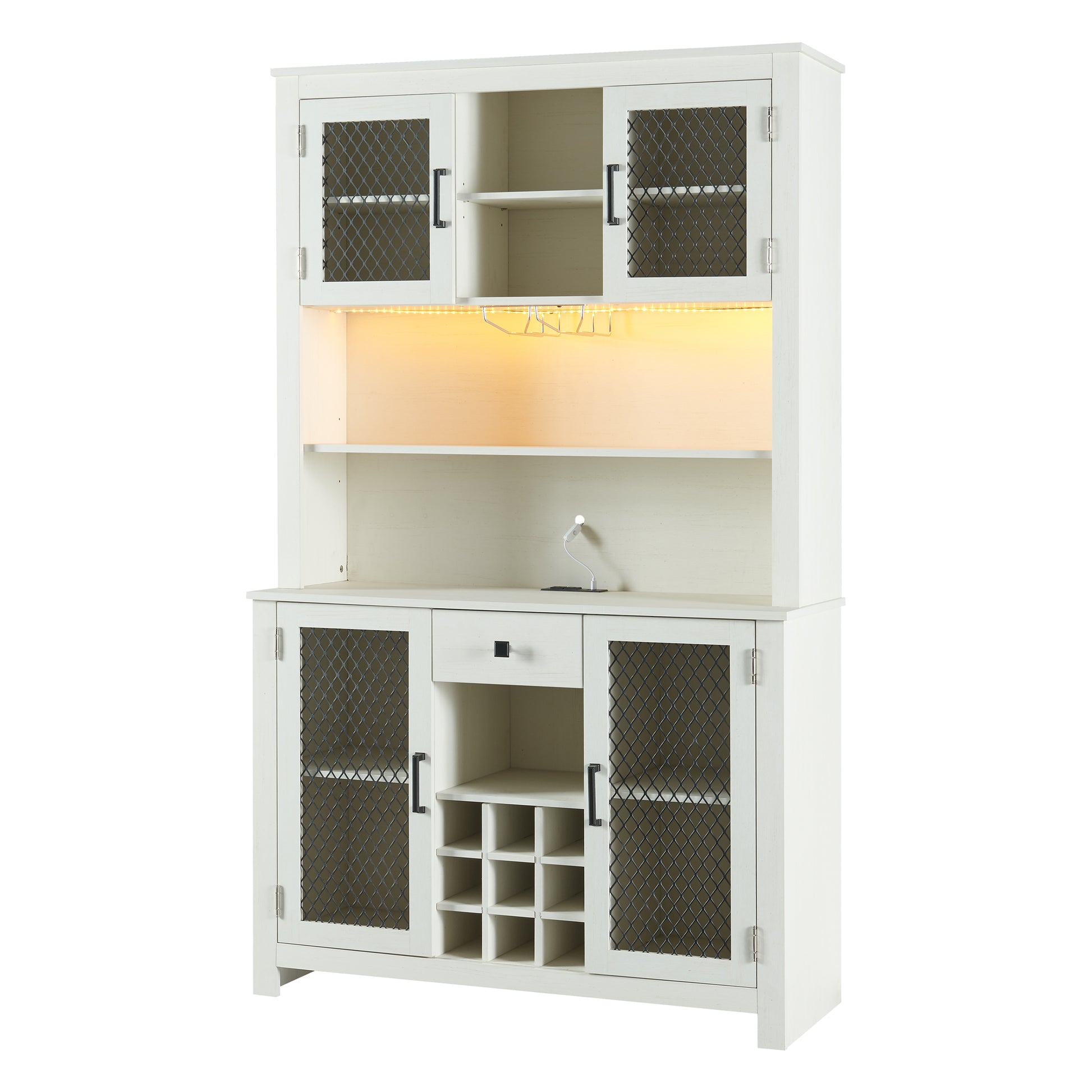 70" Kitchen Pantry Storage Cabinet Rustic Buffet Cabinet, Kitchen Hutch Cabinet With Led Outlets Food Pantry Cabinet With Doors And Shelves Wine Rack For Dining Room, Antique White Antique White Dining Room Classic Mdf