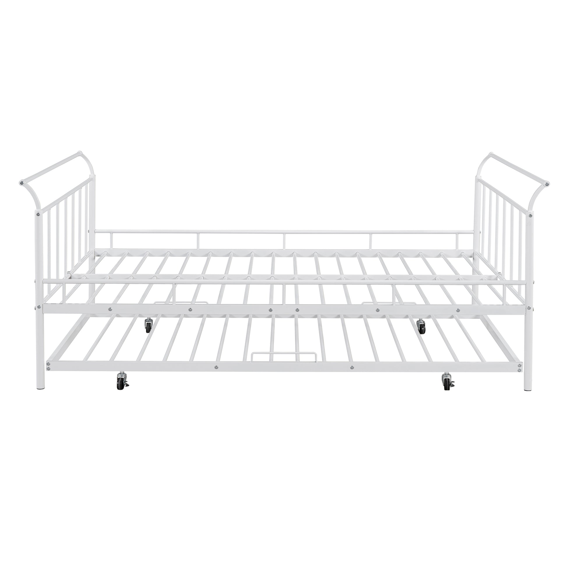 Full Size Metal Daybed With Curved Handle Design And Twin Size Trundle, White White Metal