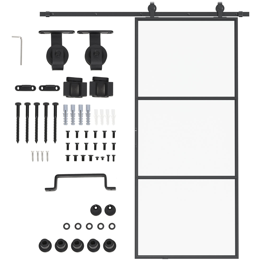 Homcom 36" X 84" Sliding Door With Hardware Kit, Handle, & Track, Industrial Frosted Tempered Glass Door With Carbon Steel, Easy Installation Black Carbon Steel