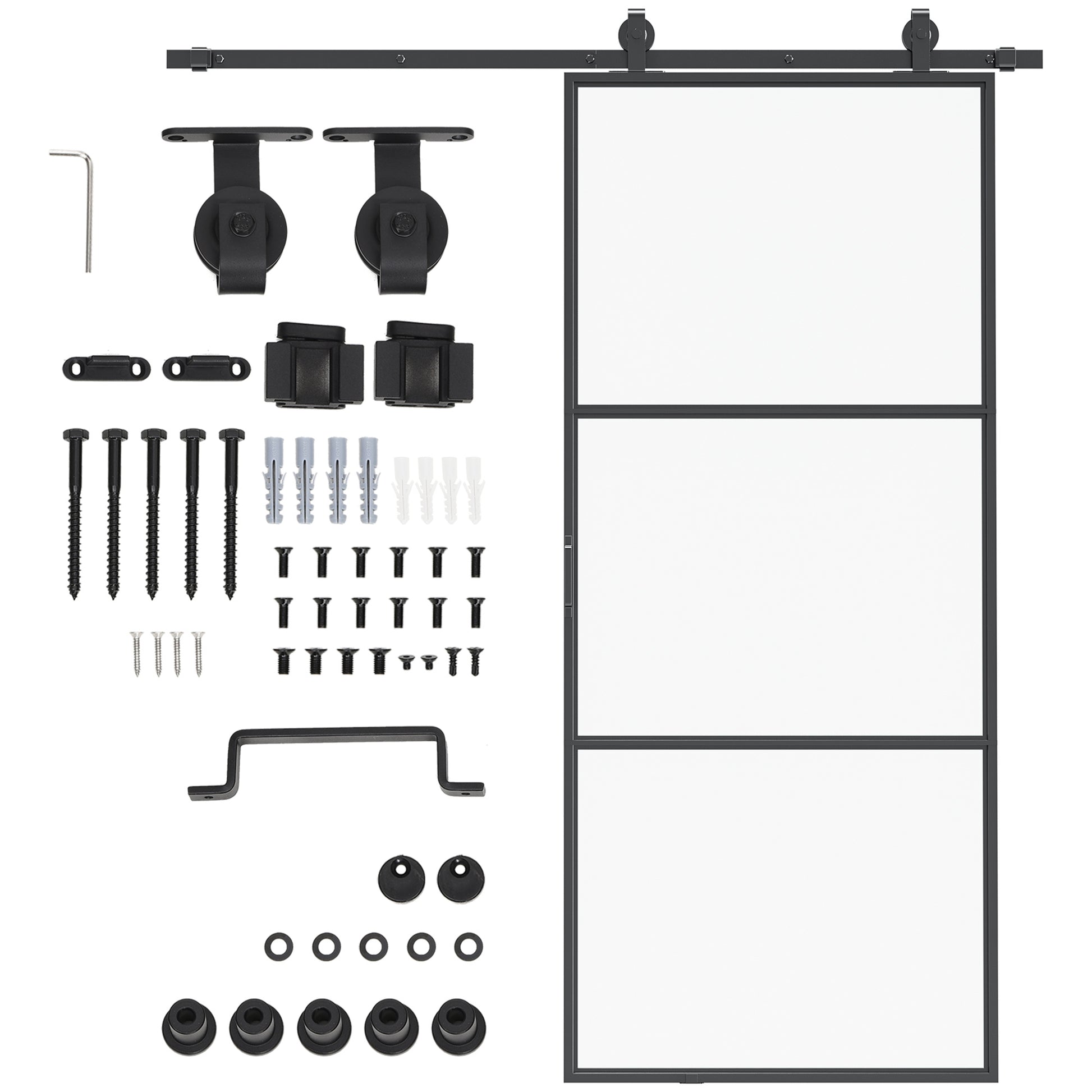 Homcom 36" X 84" Sliding Door With Hardware Kit, Handle, & Track, Industrial Frosted Tempered Glass Door With Carbon Steel, Easy Installation Black Carbon Steel