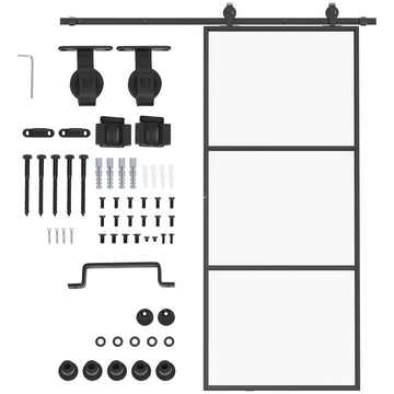 Homcom 36" X 84" Sliding Door With Hardware Kit, Handle, & Track, Industrial Frosted Tempered Glass Door With Carbon Steel, Easy Installation Black Carbon Steel