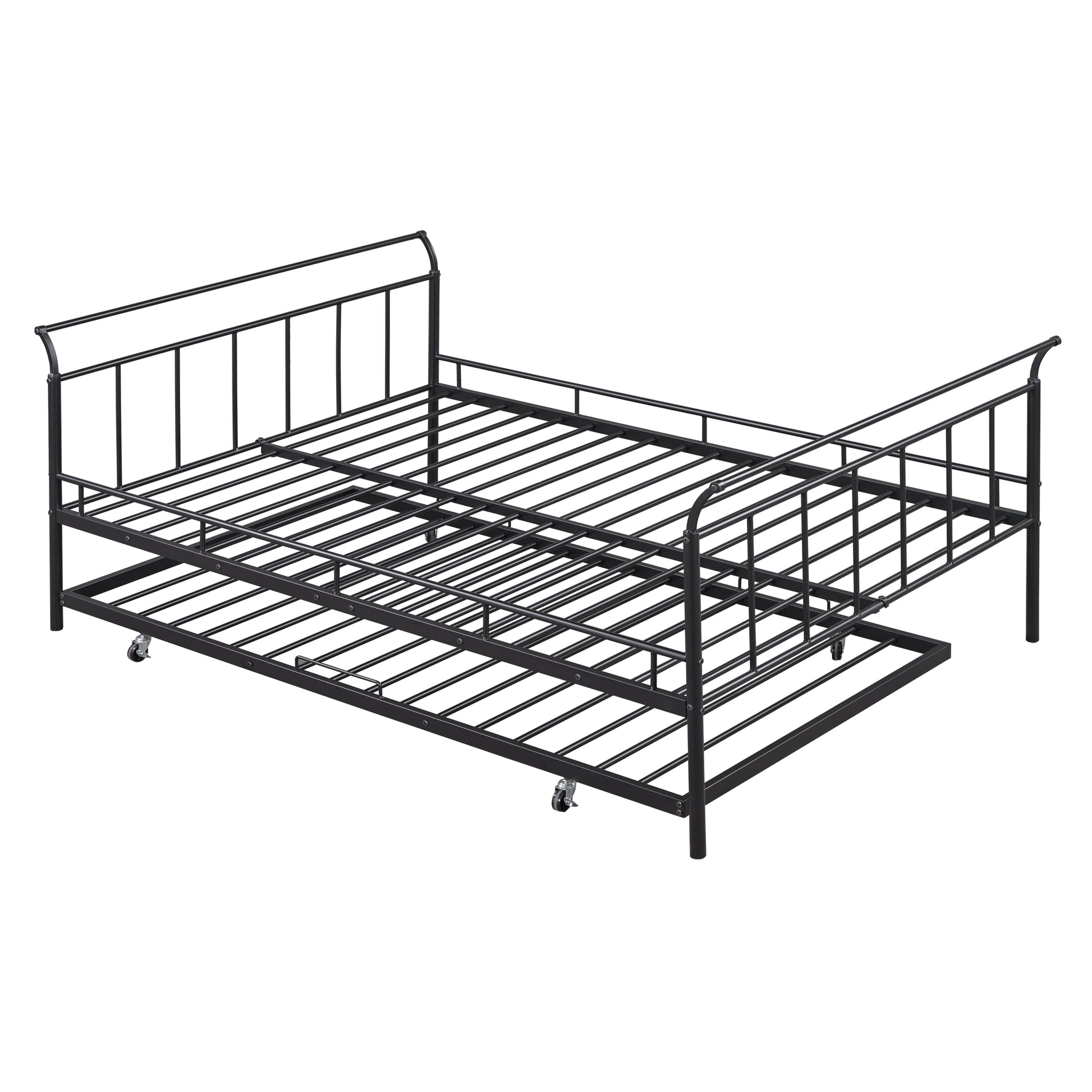 Full Size Metal Daybed With Curved Handle Design And Twin Size Trundle, Black Black Metal