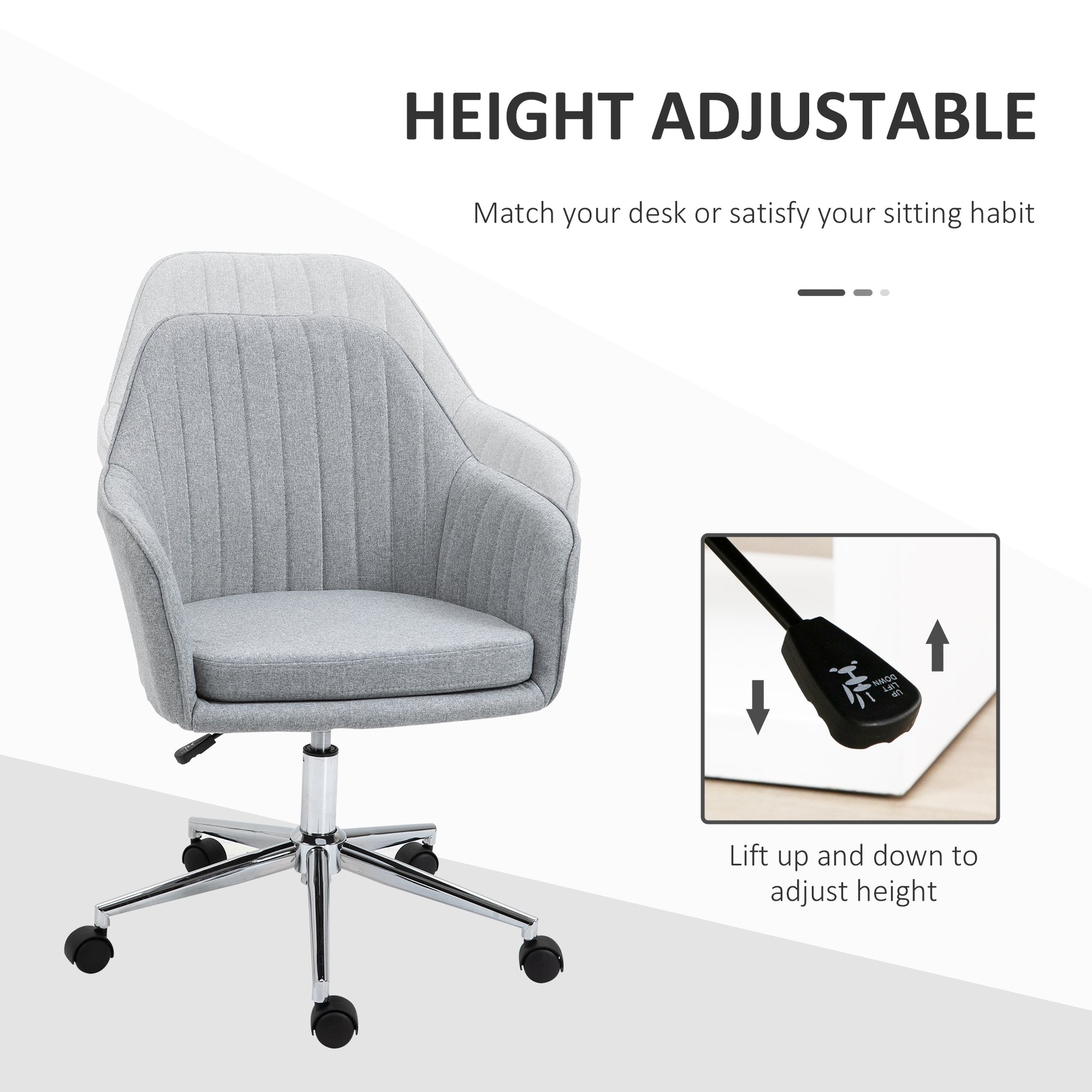 Vinsetto Mid Back Task Chair, Fabric Home Office Chair, Swivel Desk Chair With Tub Shape Design & Lined Pattern Back For Living Room, Bedroom, Gray Gray Polyester