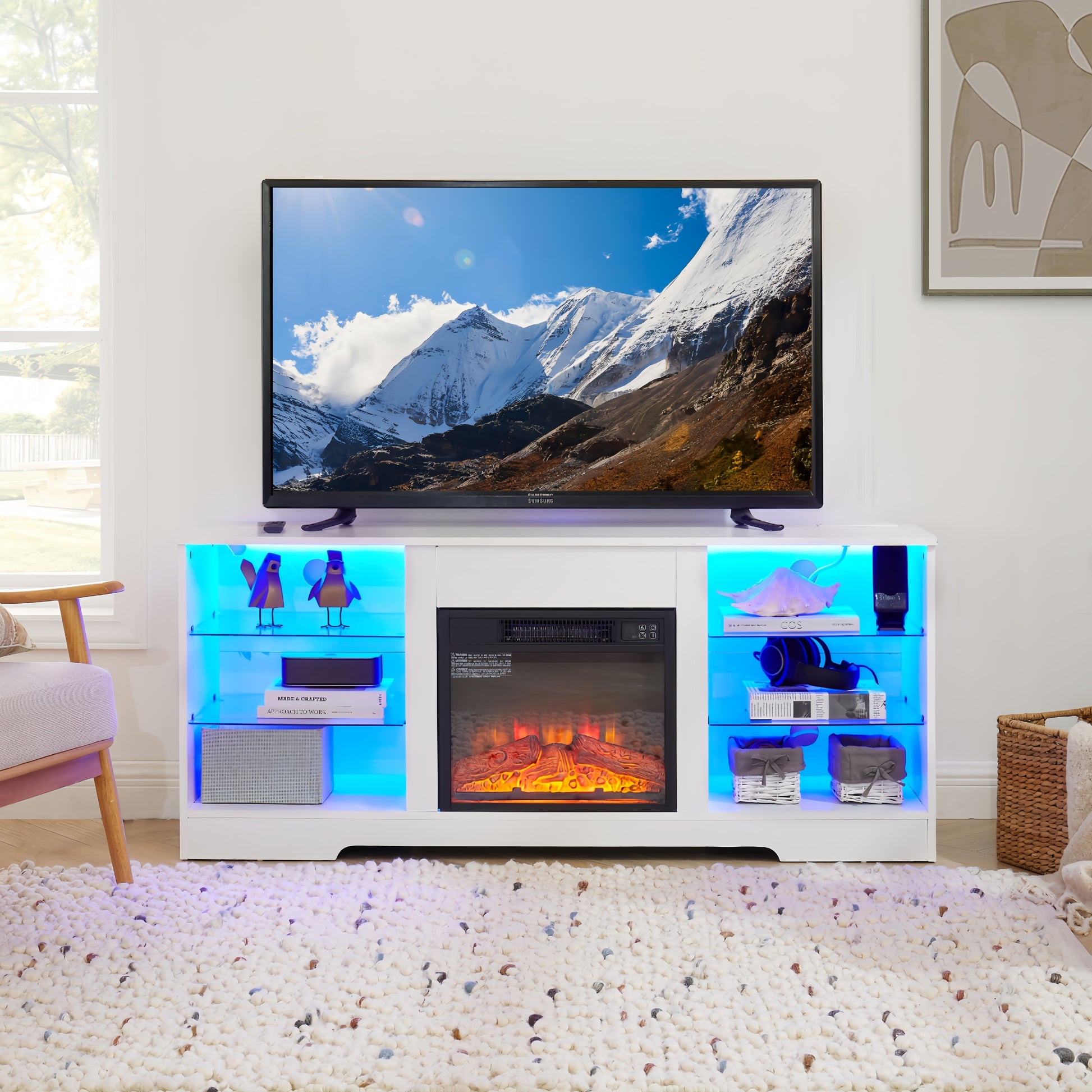 Tv Stand Electric Fireplace Tv Stand With Glass Shelves, 3D Fireplace Tv Stand With Led Lights Wood With Usb Charging Outlet Modern Television Table Center For Tv Up To 32 62" White 58''W*15.5''D*24.4 White 50 59 Inches Mdf