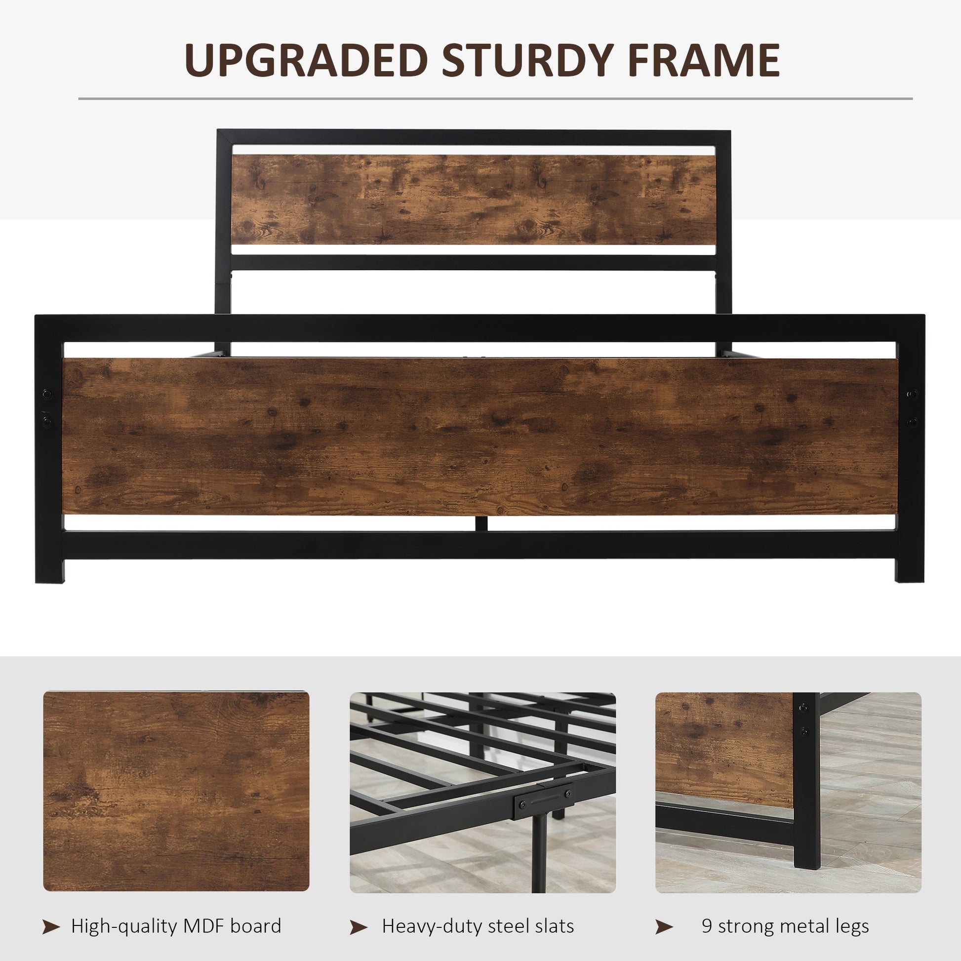 Homcom Queen Bed Frame With Headboard & Footboard, Strong Metal Slat Support Bed Frame W Underbed Storage Space, No Box Spring Needed, 63''X82''X40.5'' Brown Mdf