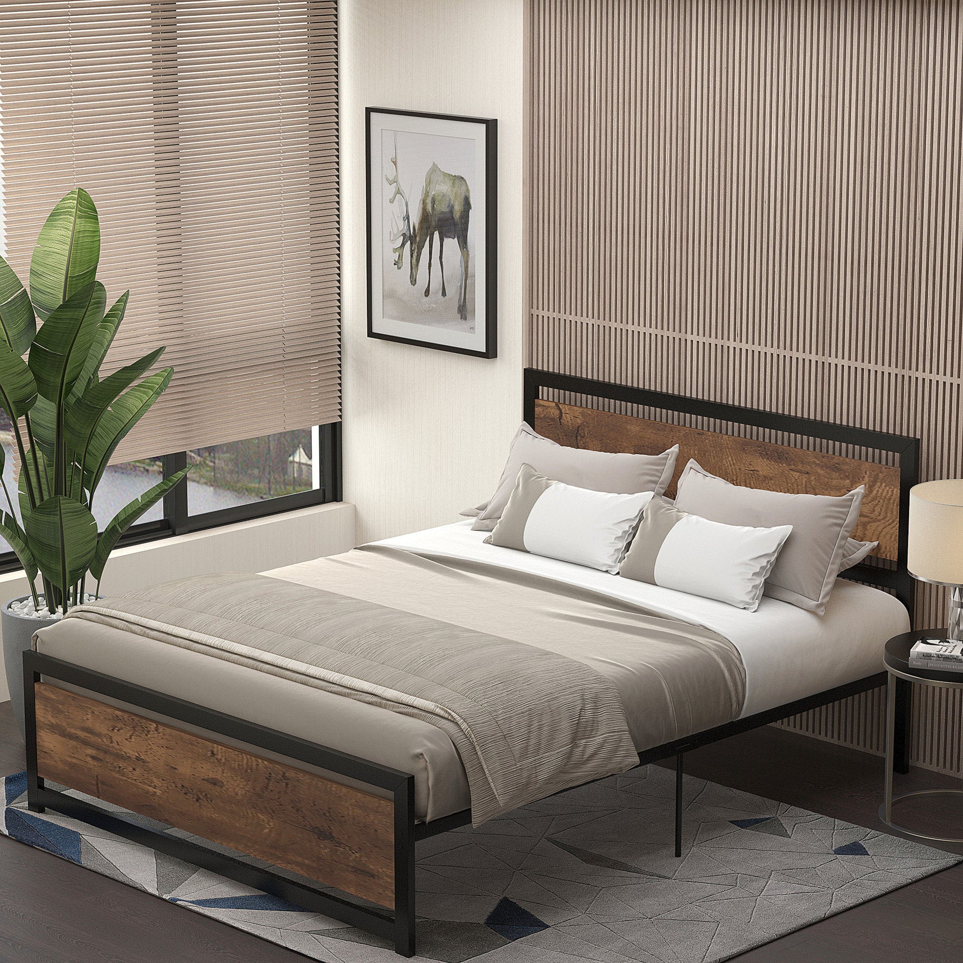 Homcom Queen Bed Frame With Headboard & Footboard, Strong Metal Slat Support Bed Frame W Underbed Storage Space, No Box Spring Needed, 63''X82''X40.5'' Brown Mdf