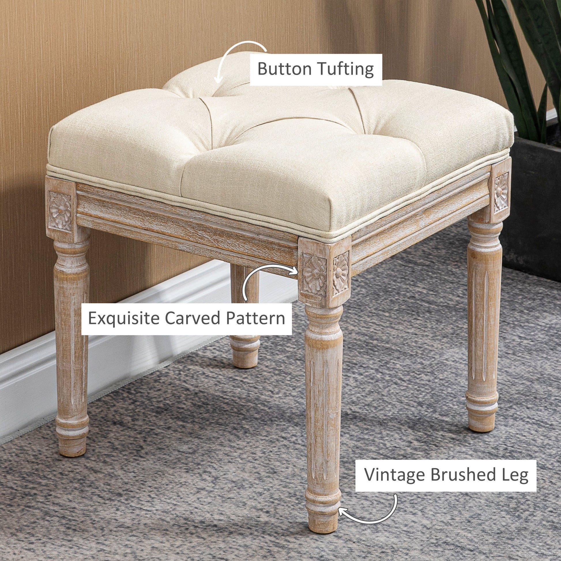 Homcom 16" Vintage Ottoman, Tufted Foot Stool With Upholstered Seat, Rustic Wood Legs For Bedroom, Living Room, Beige Beige Polyester