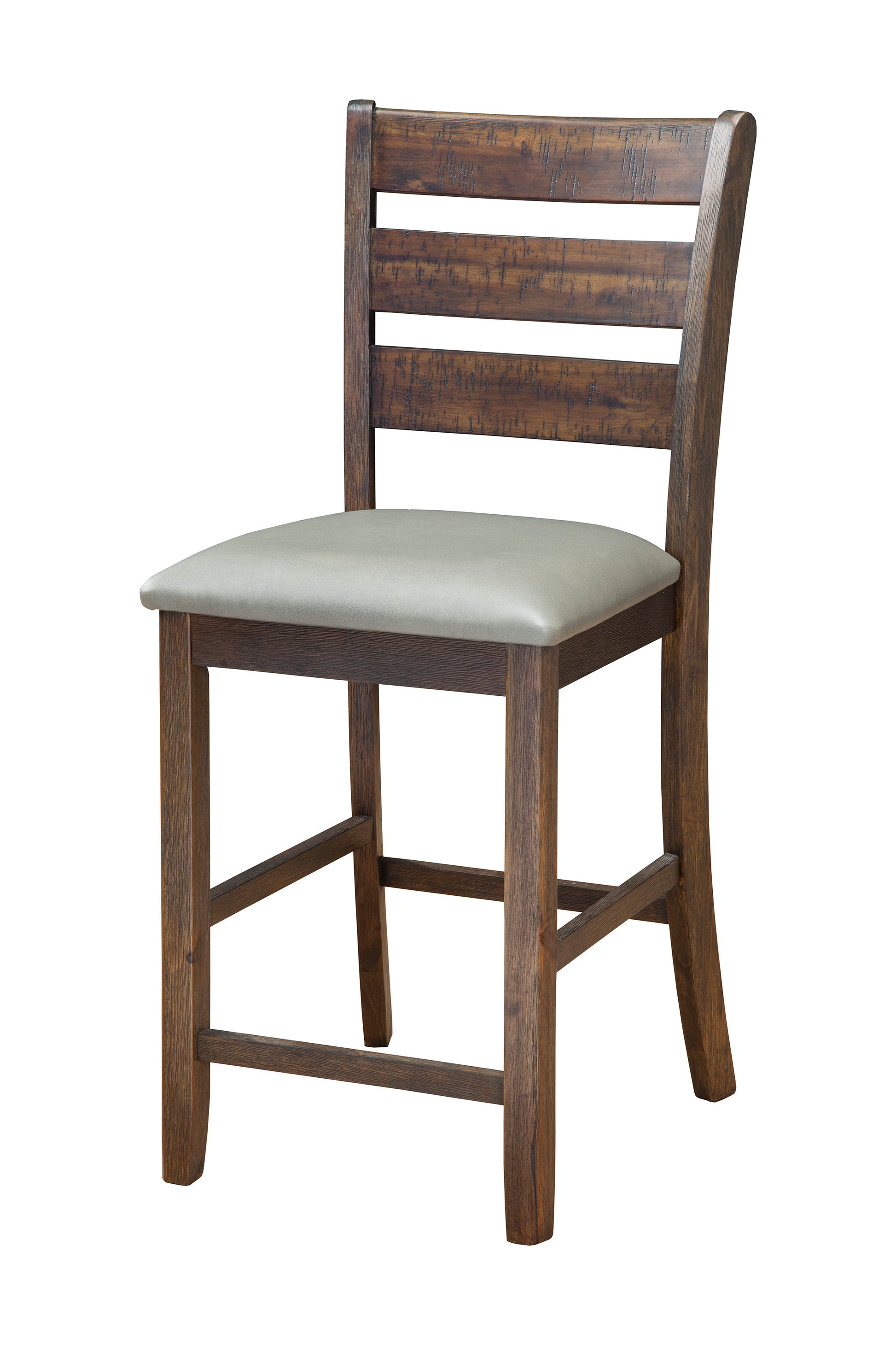 Wooden Pub Height Chairs With Slatted Back And Footrest, Set Of Two, Brown And Gray Brown Gray Wood Fabric